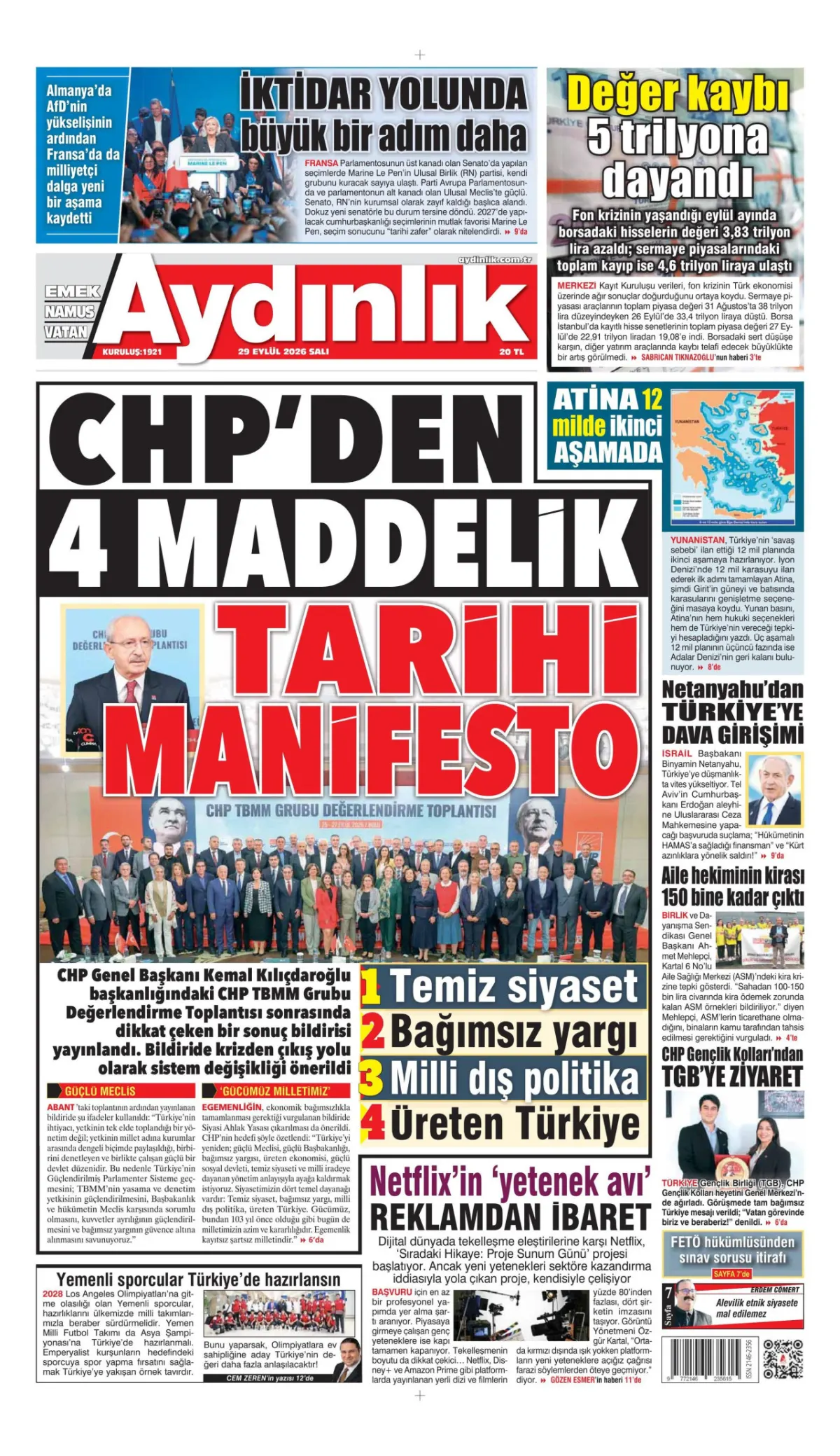 Aydınlık birinci sayfa manşeti (30 Eylül 2026)