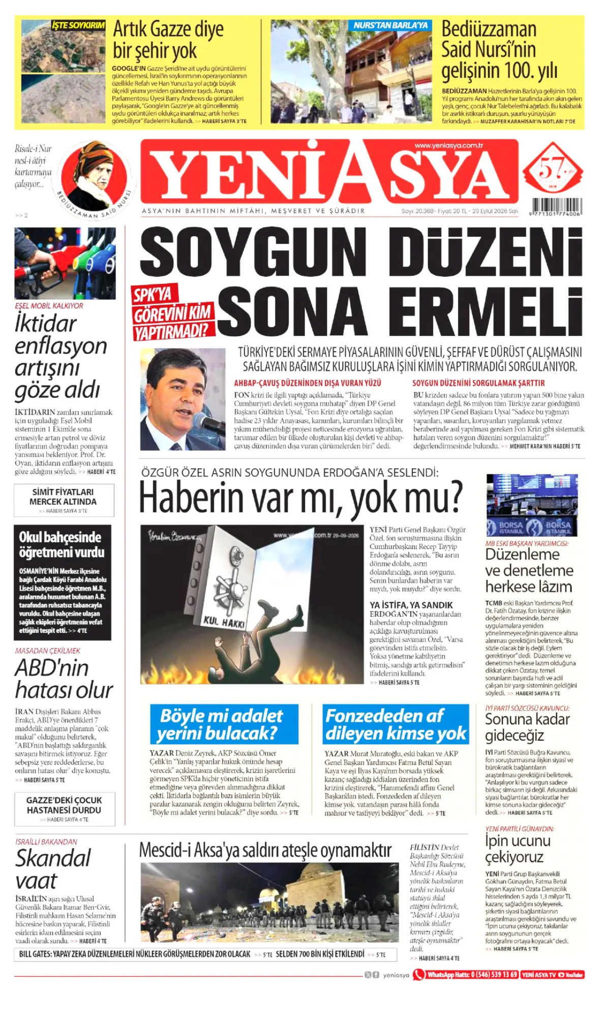 Yeni Asya birinci sayfa manşeti (30 Eylül 2026)
