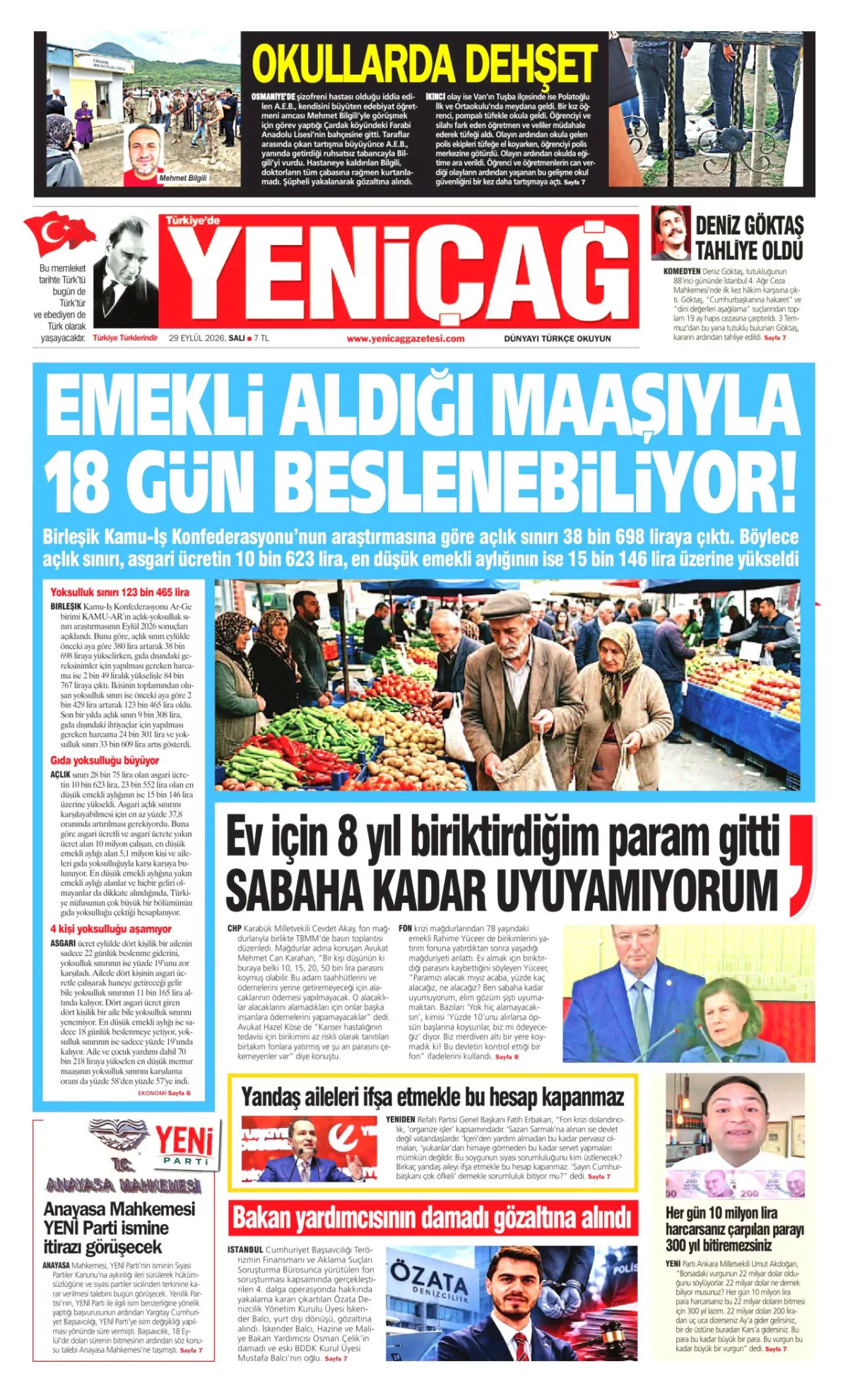 Yeniçağ birinci sayfa manşeti (30 Eylül 2026)