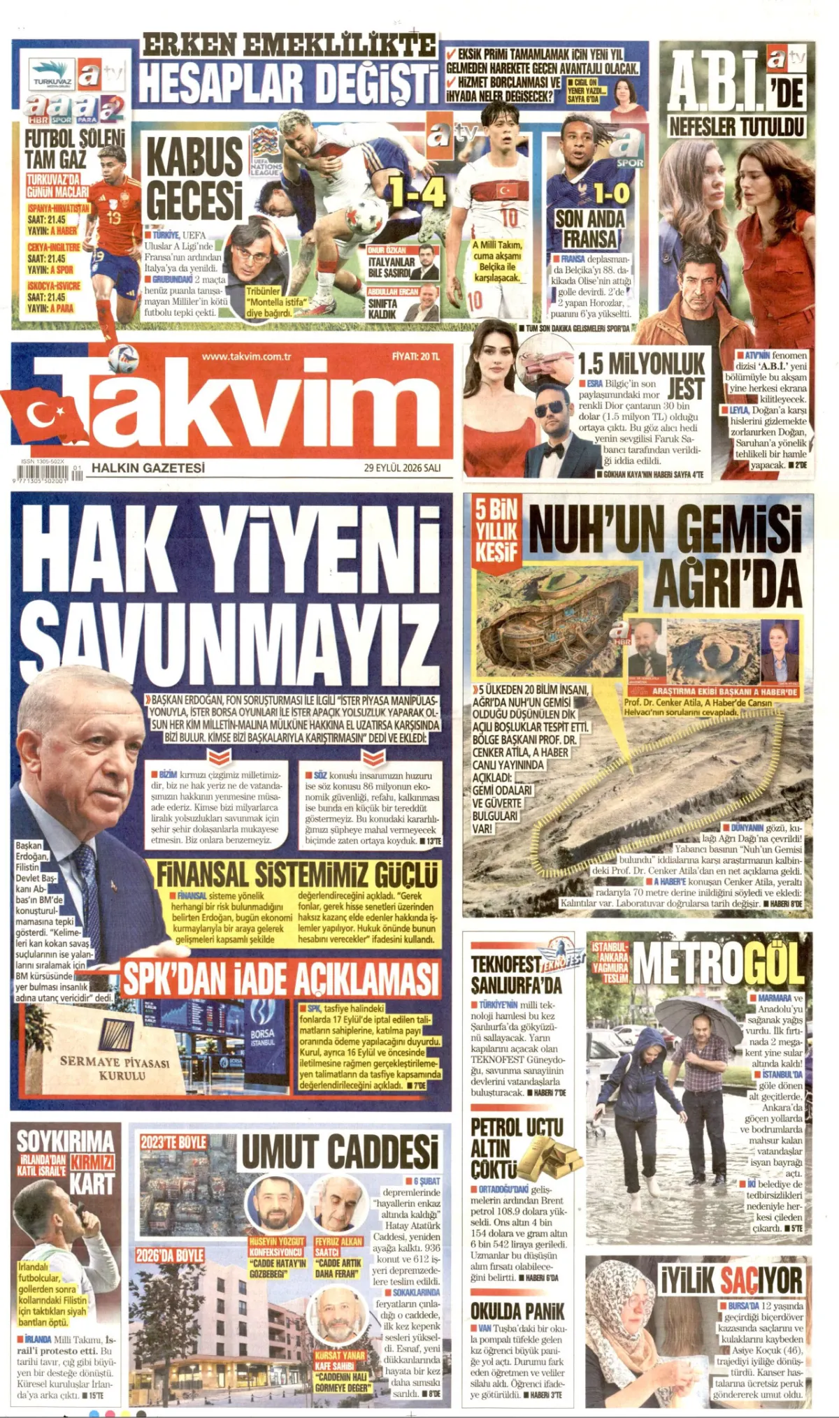 Takvim birinci sayfa manşeti (30 Eylül 2026)