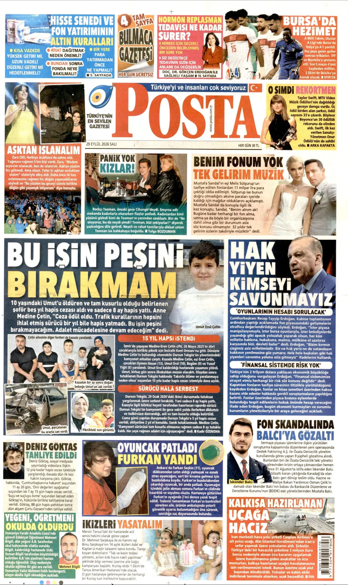 Posta birinci sayfa manşeti (30 Eylül 2026)
