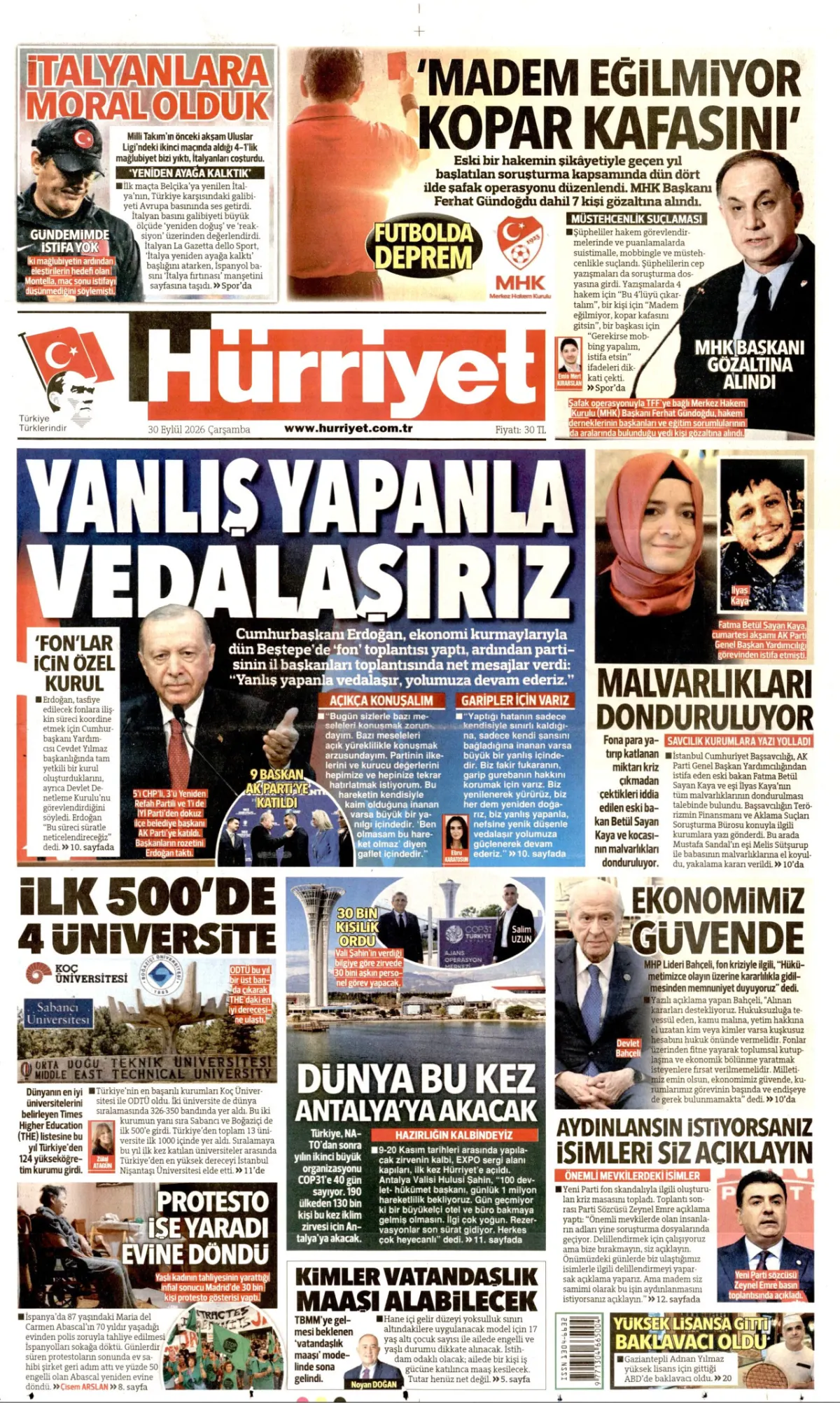 Hürriyet birinci sayfa manşeti (01 Ekim 2026)
