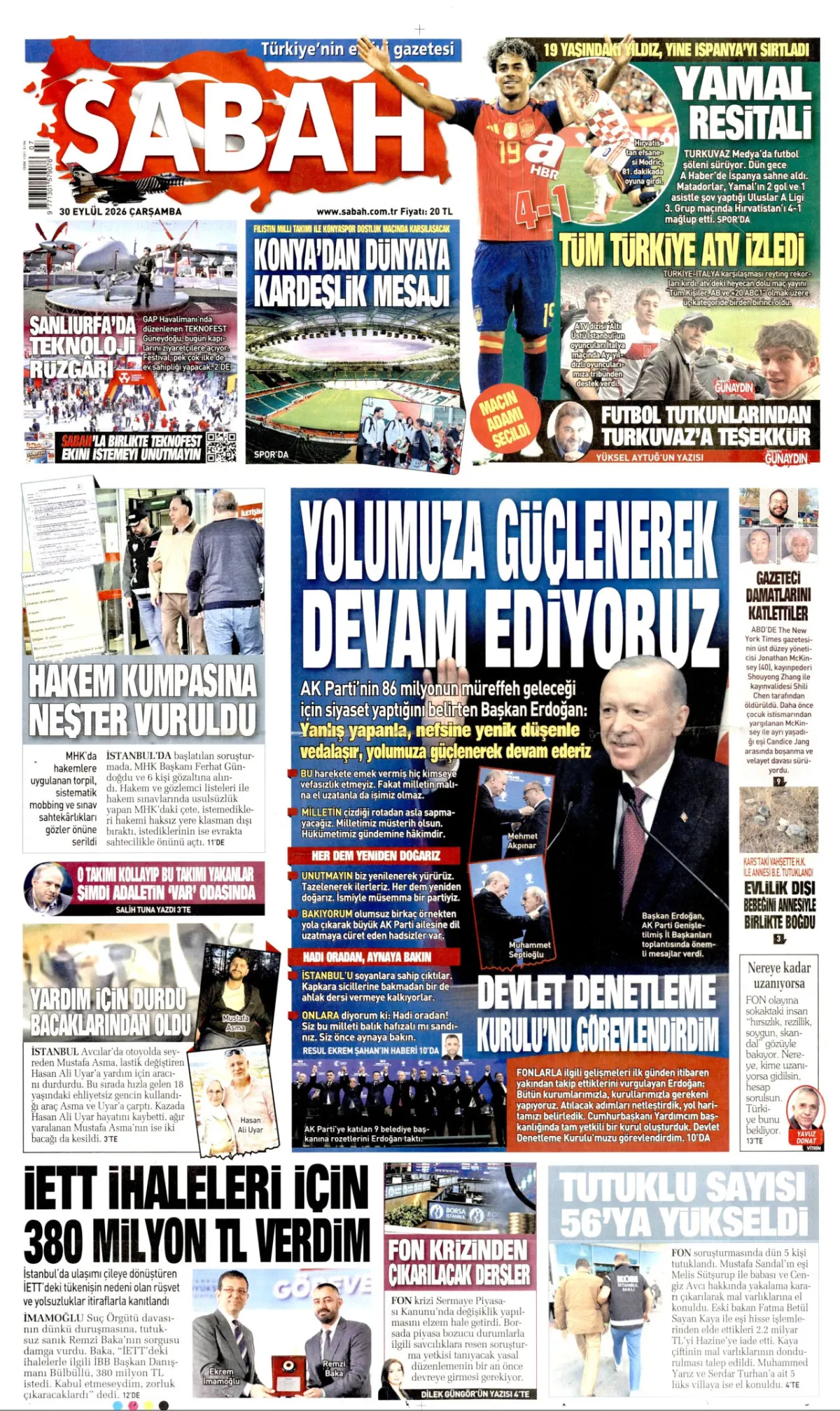 Sabah birinci sayfa manşeti (01 Ekim 2026)