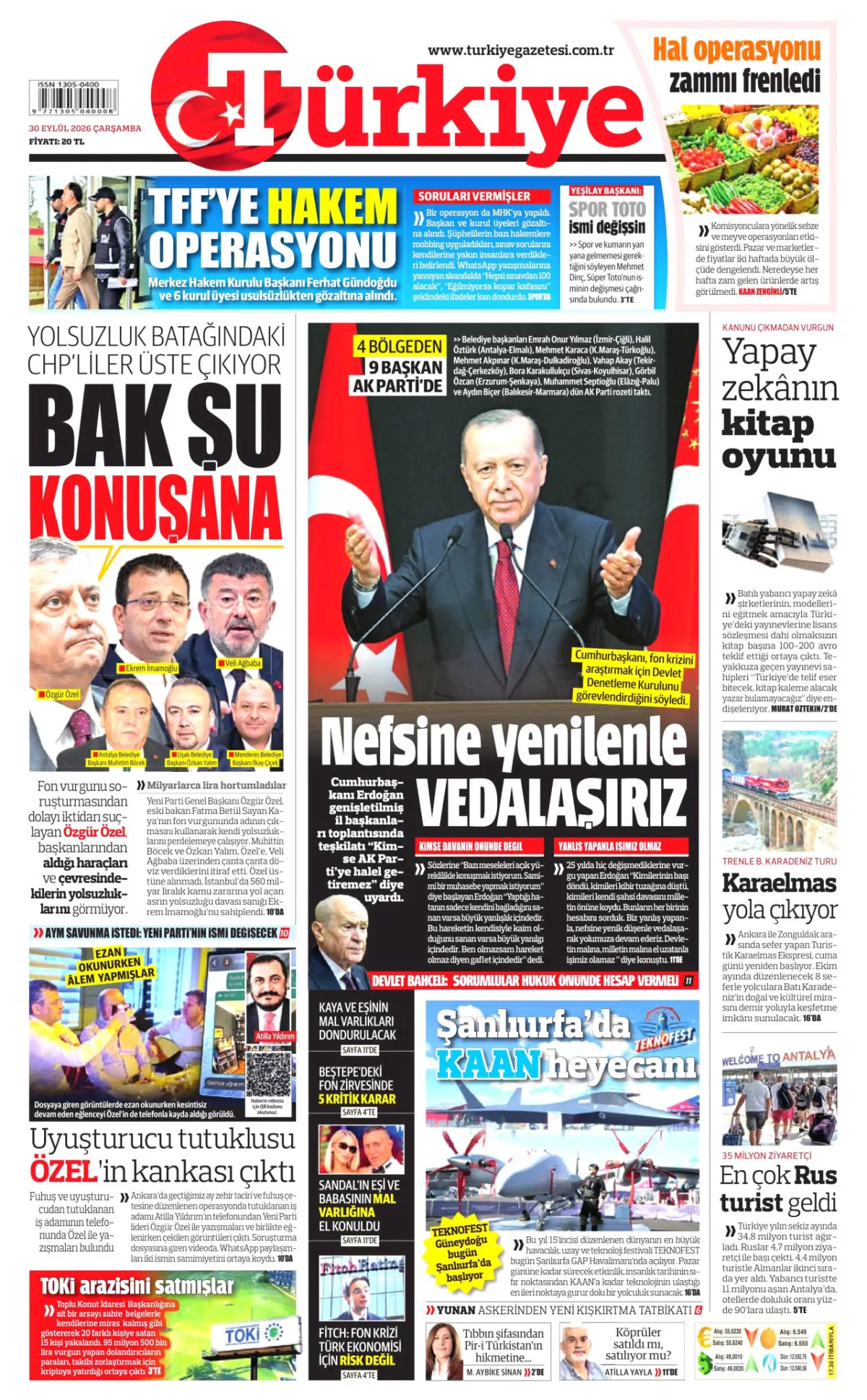 Türkiye birinci sayfa manşeti (01 Ekim 2026)