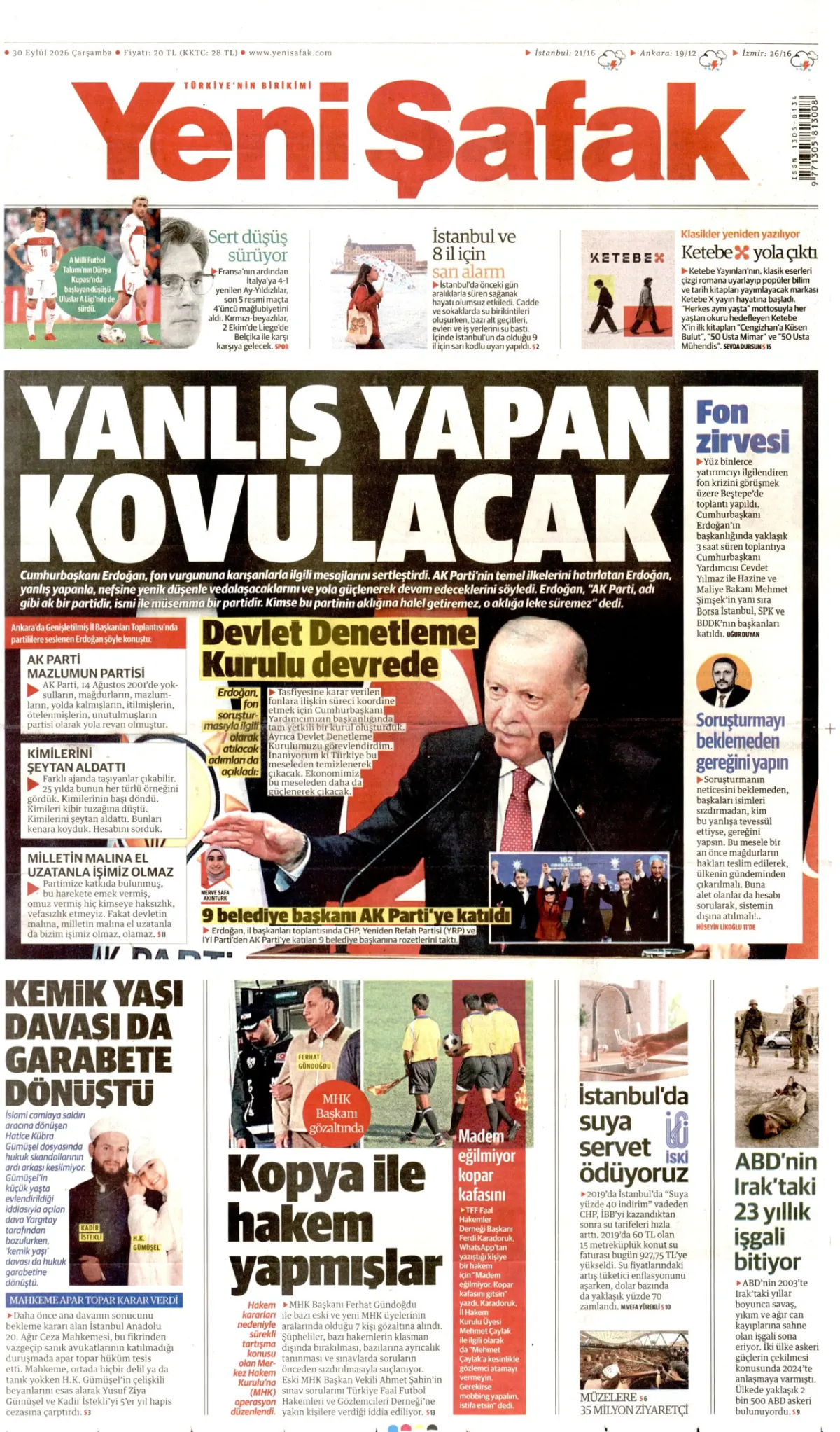 Yeni Şafak birinci sayfa manşeti (01 Ekim 2026)