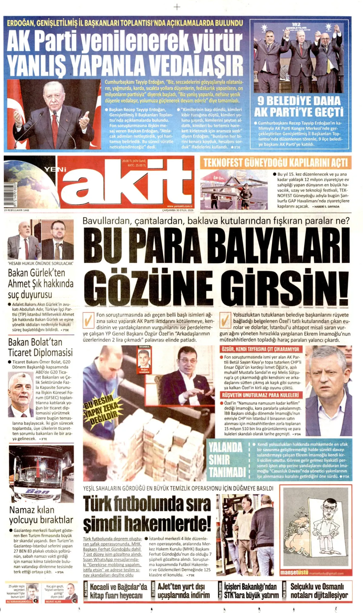 Yeni Akit birinci sayfa manşeti (01 Ekim 2026)