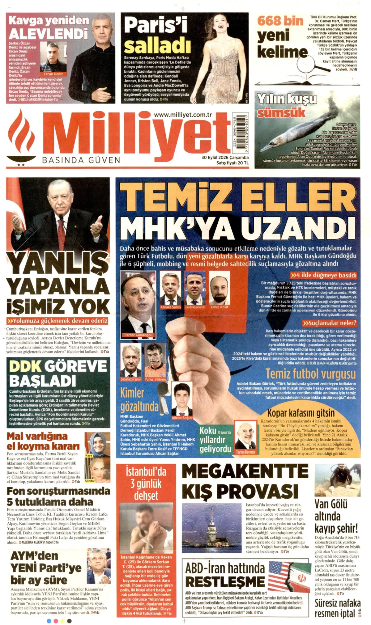 Milliyet birinci sayfa manşeti (01 Ekim 2026)