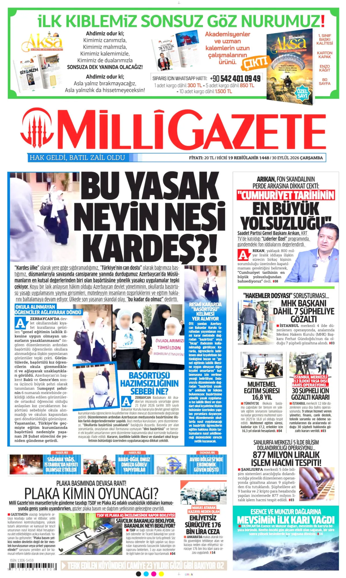 Milli birinci sayfa manşeti (01 Ekim 2026)
