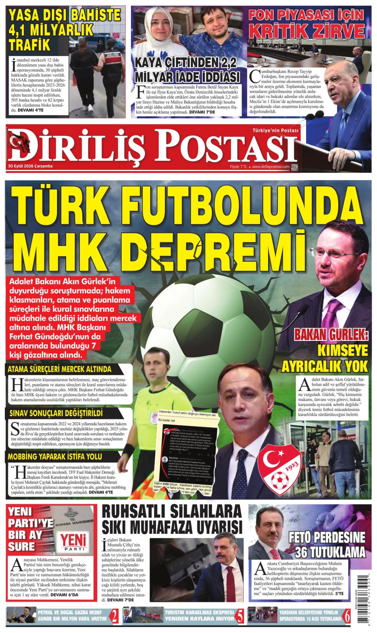 Diriliş Postası birinci sayfa manşeti (01 Ekim 2026)