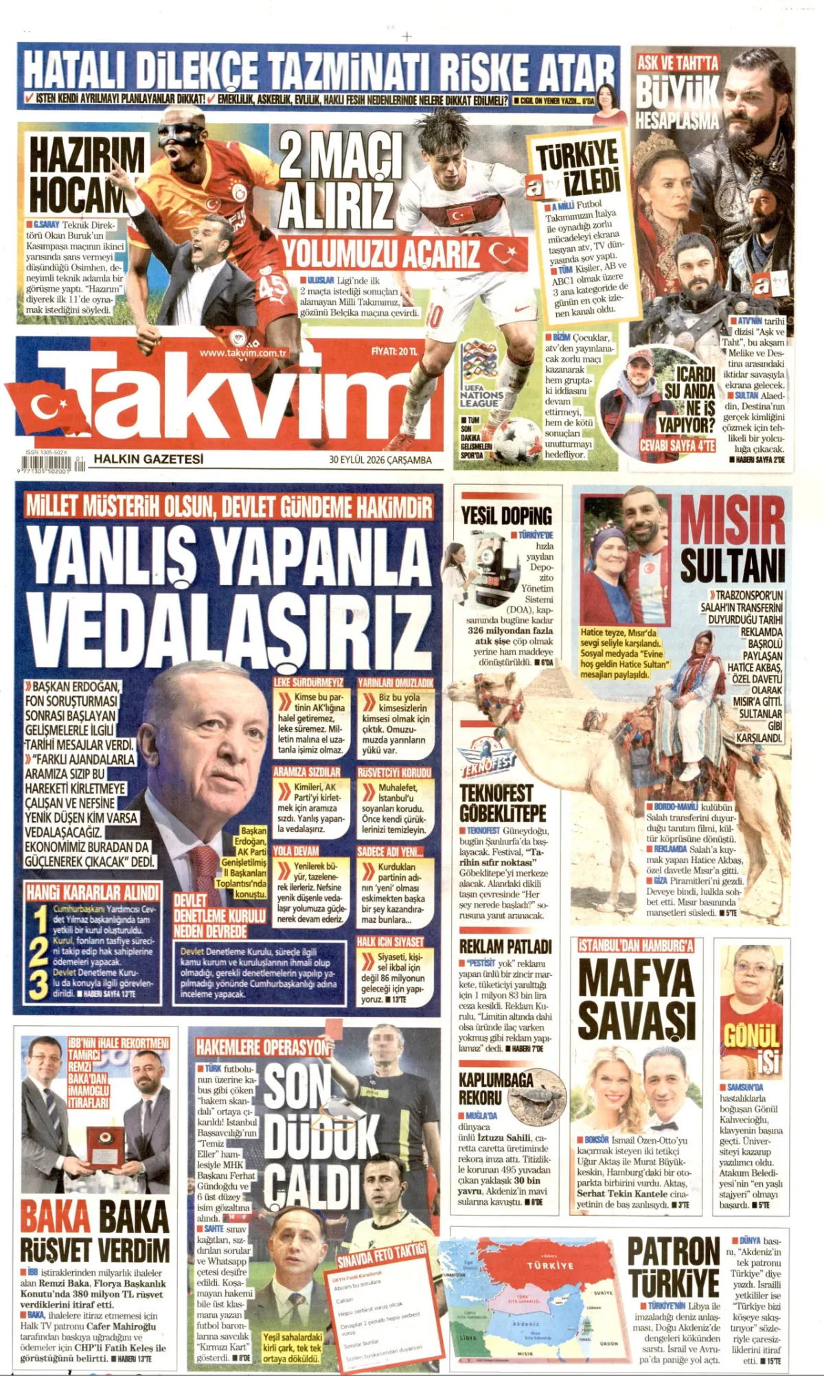 Takvim birinci sayfa manşeti (01 Ekim 2026)