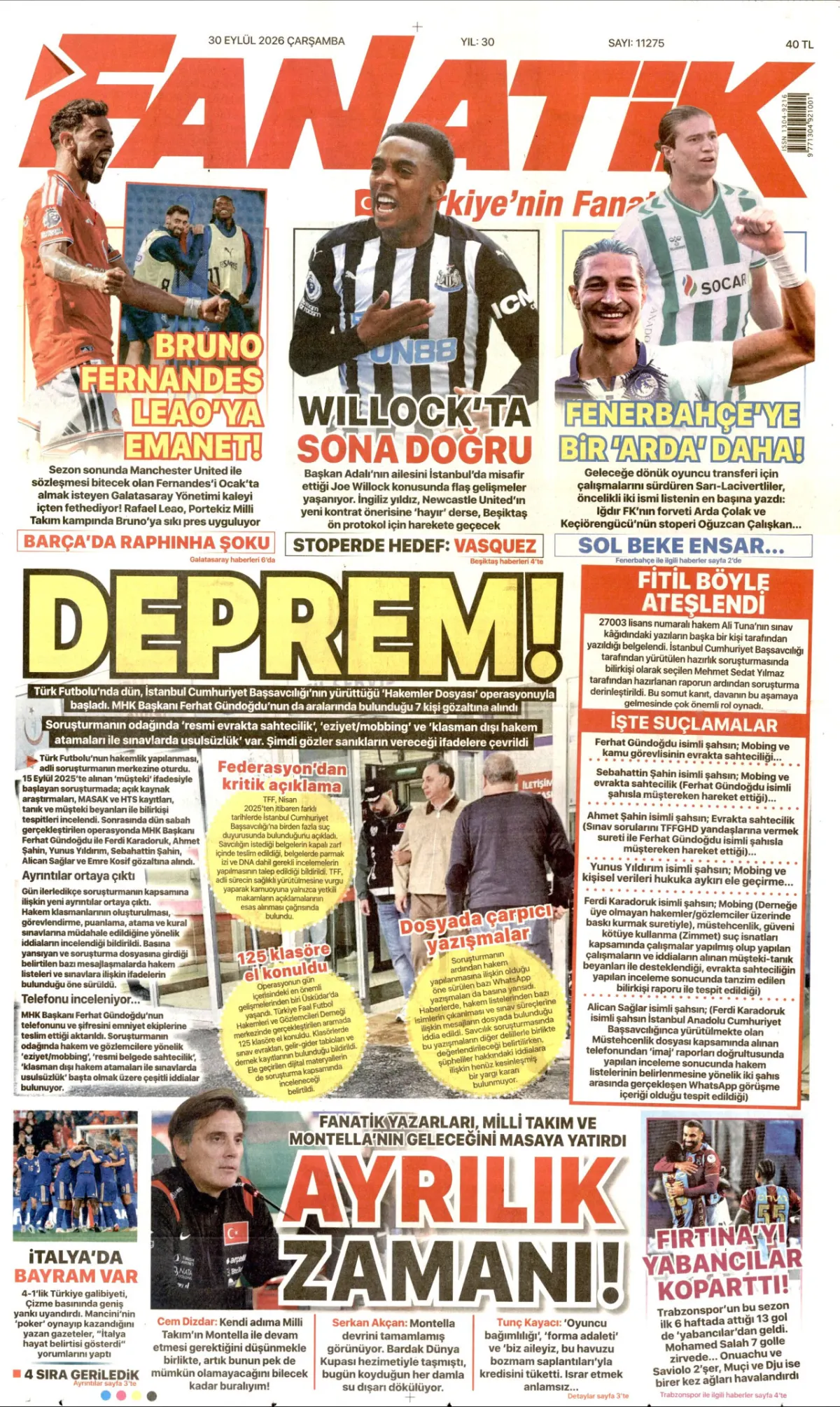 Fanatik birinci sayfa manşeti (01 Ekim 2026)