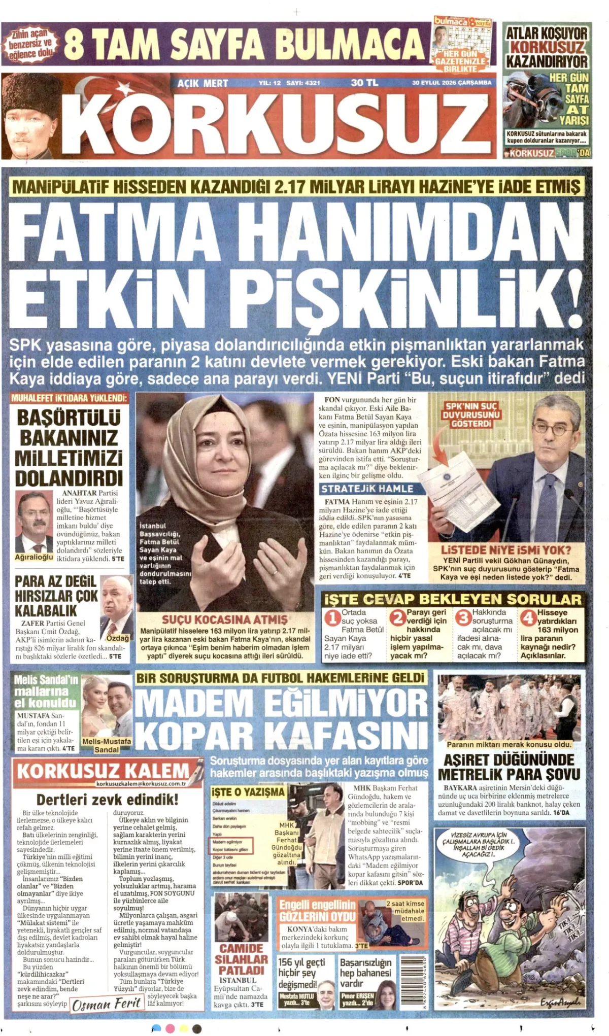 Korkusuz birinci sayfa manşeti (01 Ekim 2026)