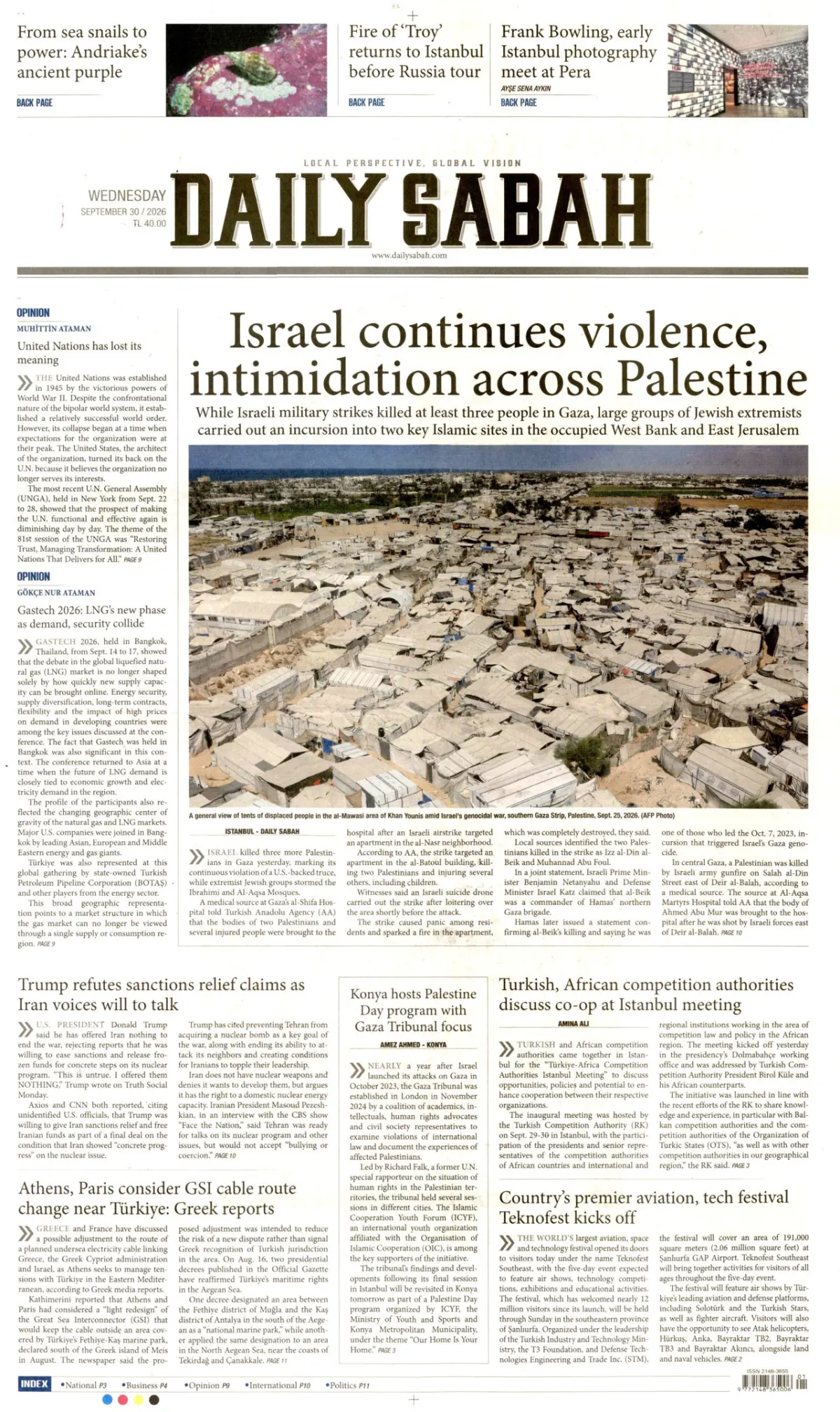 Daily Sabah birinci sayfa manşeti (01 Ekim 2026)