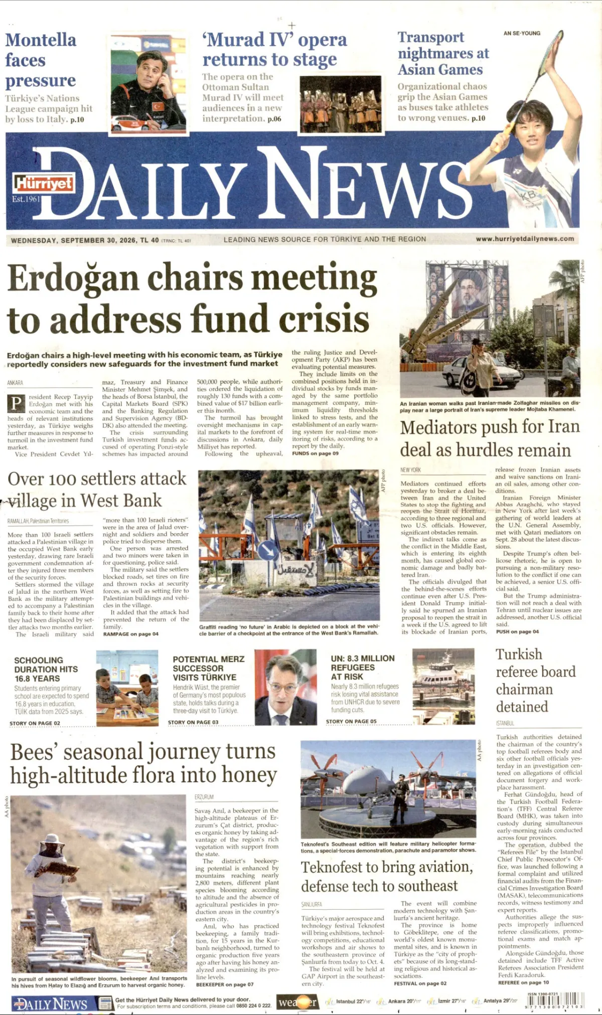 Hürriyet Daily News birinci sayfa manşeti (01 Ekim 2026)