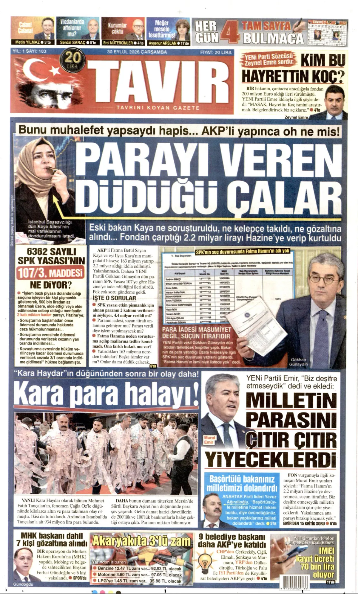 Tavır birinci sayfa manşeti (01 Ekim 2026)