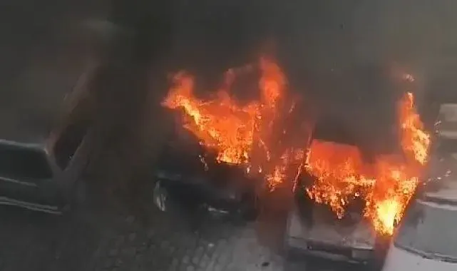 Park halindeki otomobiller alev topuna döndü
