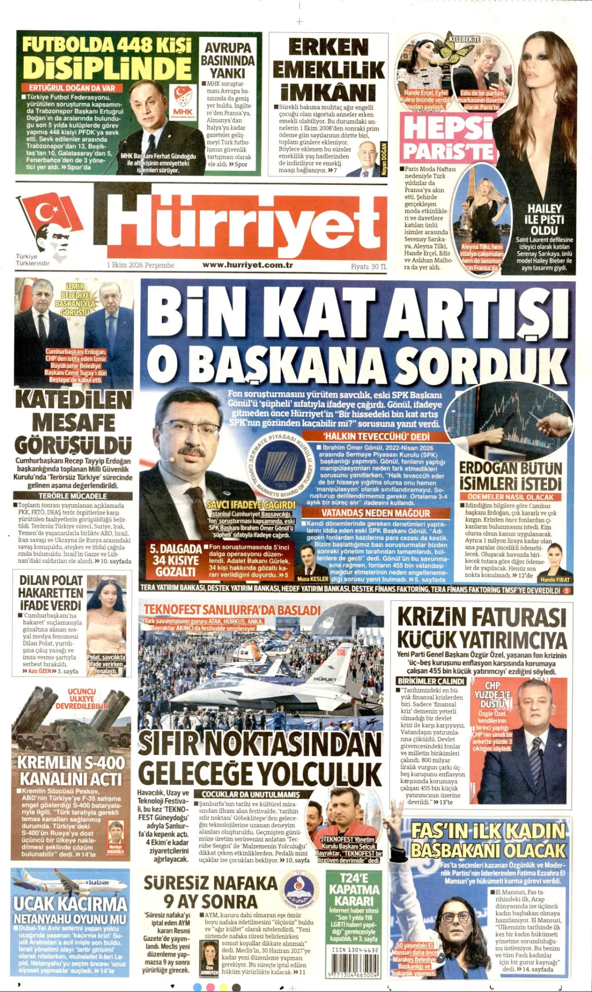Hürriyet birinci sayfa manşeti (02 Ekim 2026)