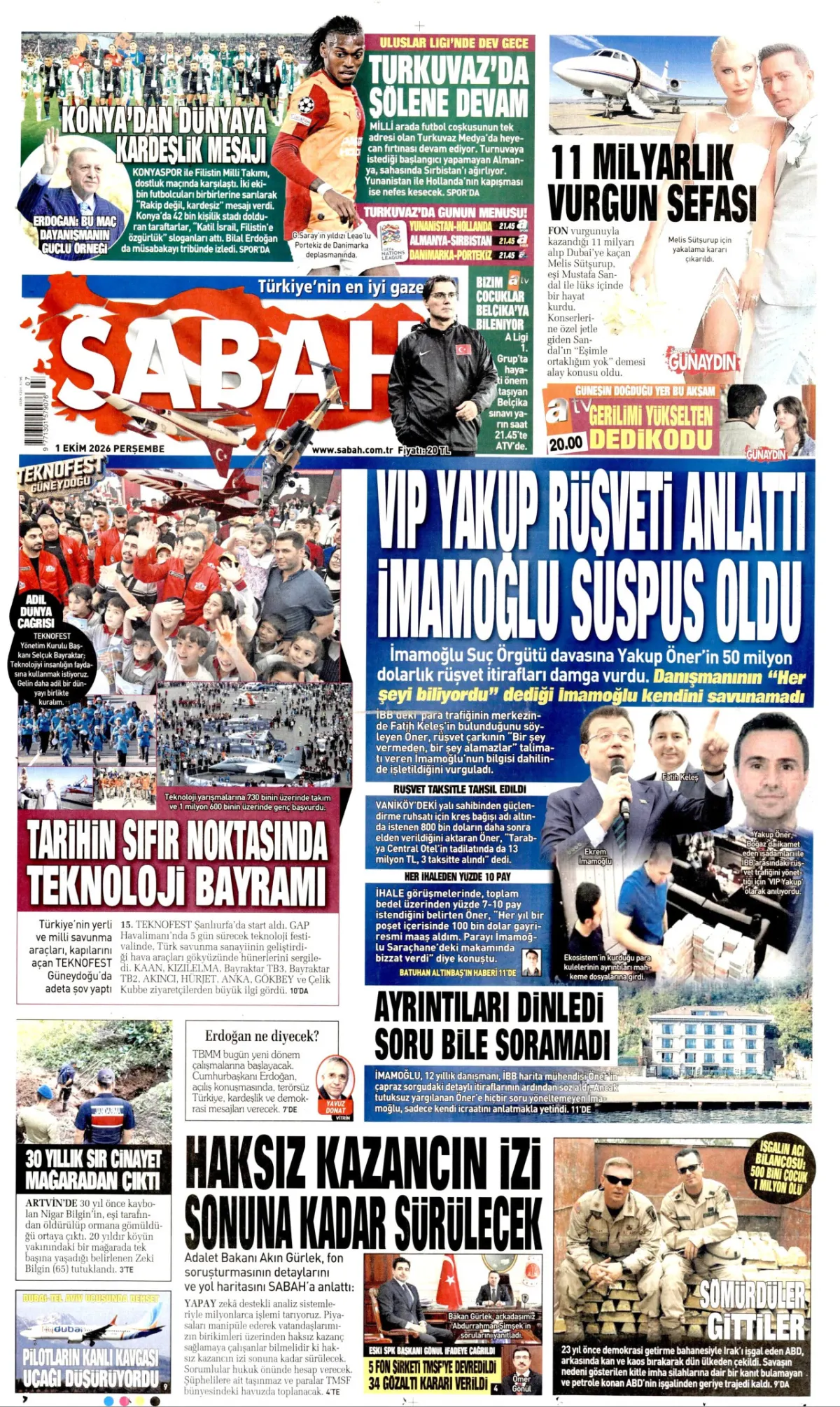Sabah birinci sayfa manşeti (02 Ekim 2026)
