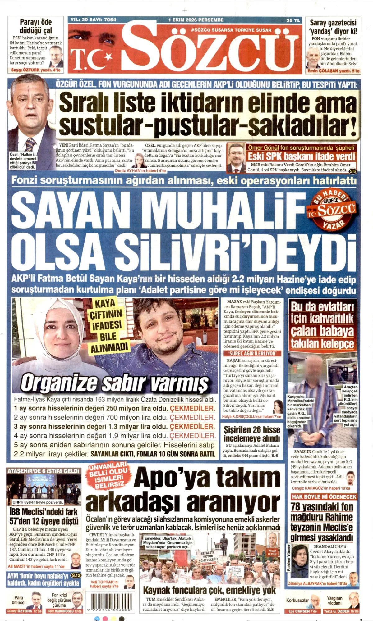 Sözcü birinci sayfa manşeti (02 Ekim 2026)