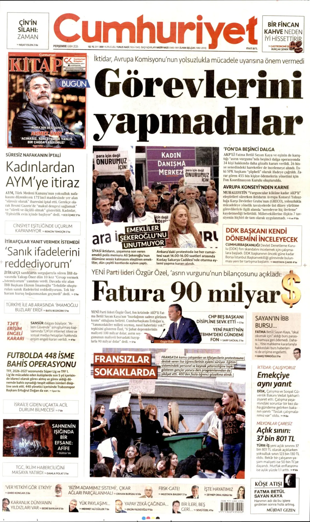 Cumhuriyet birinci sayfa manşeti (02 Ekim 2026)
