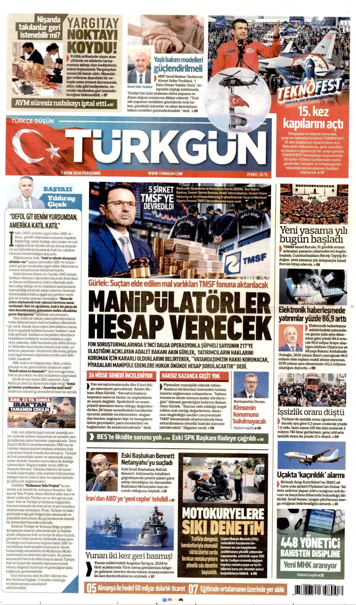 Türkgün birinci sayfa manşeti (02 Ekim 2026)