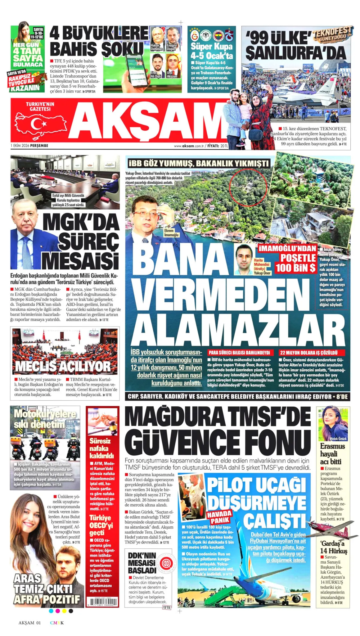Akşam birinci sayfa manşeti (02 Ekim 2026)