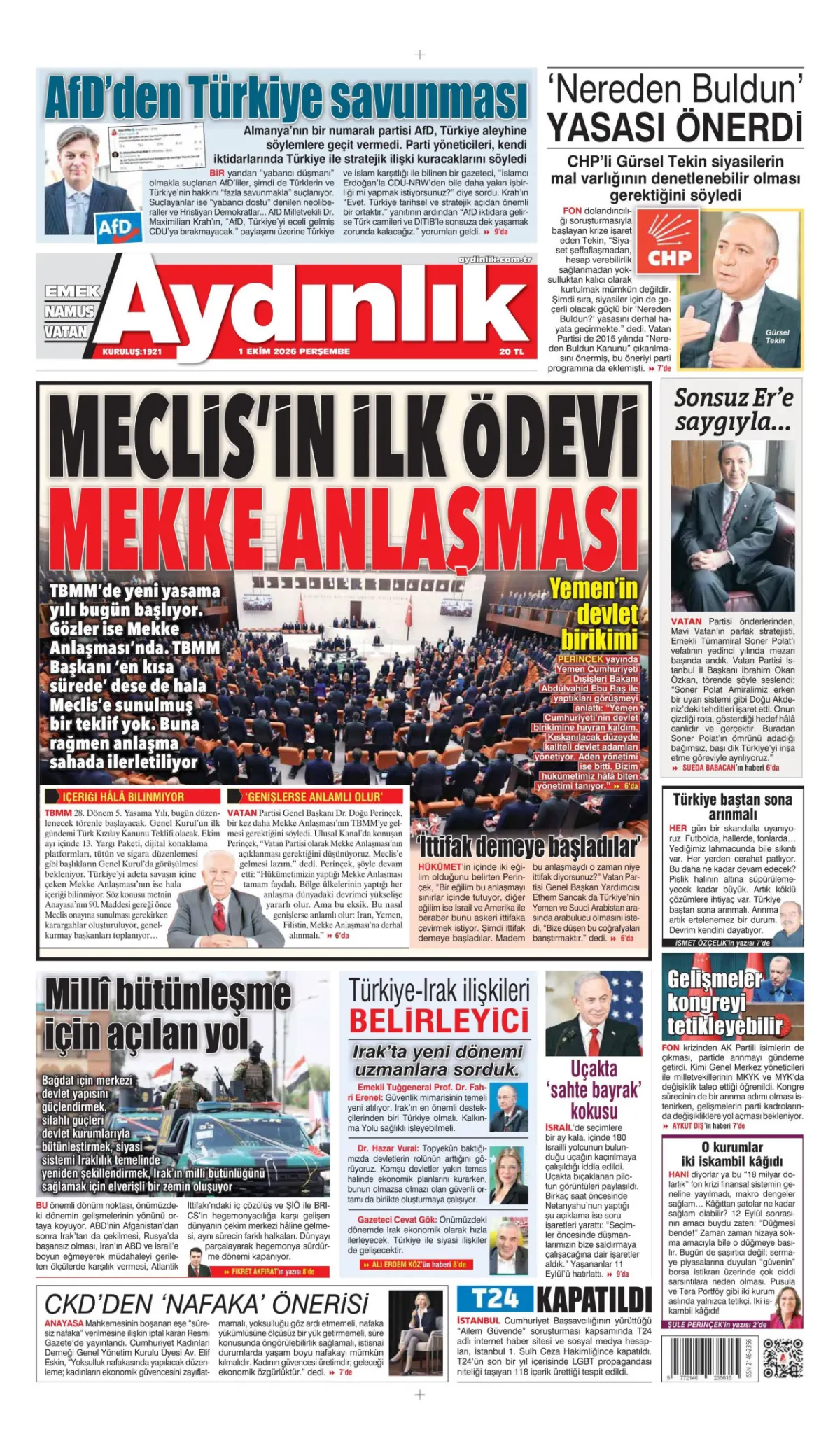 Aydınlık birinci sayfa manşeti (02 Ekim 2026)