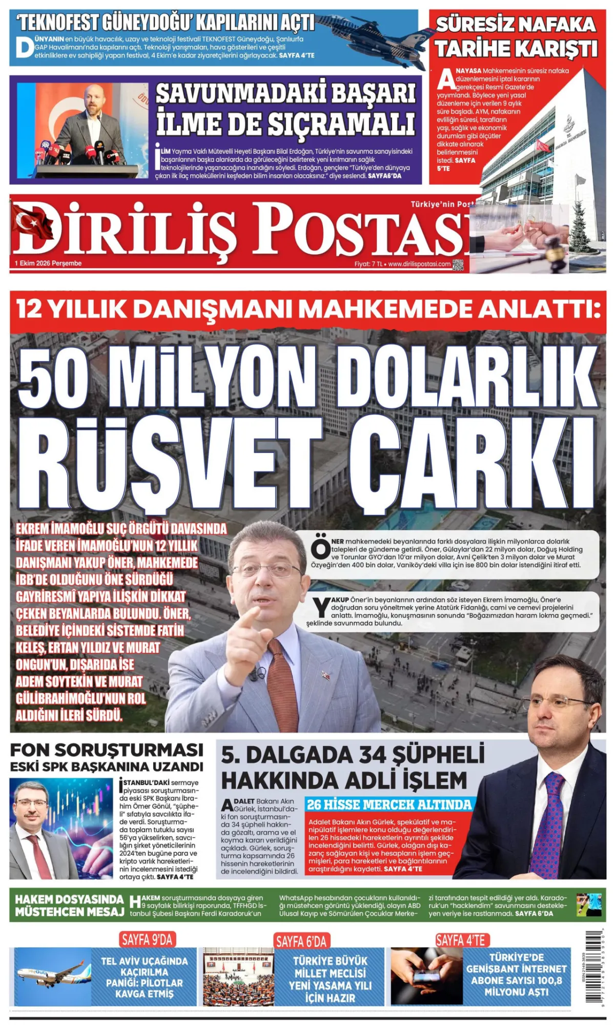 Diriliş Postası birinci sayfa manşeti (02 Ekim 2026)