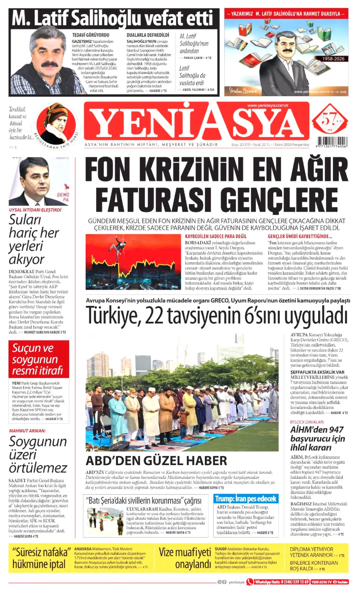 Yeni Asya birinci sayfa manşeti (02 Ekim 2026)