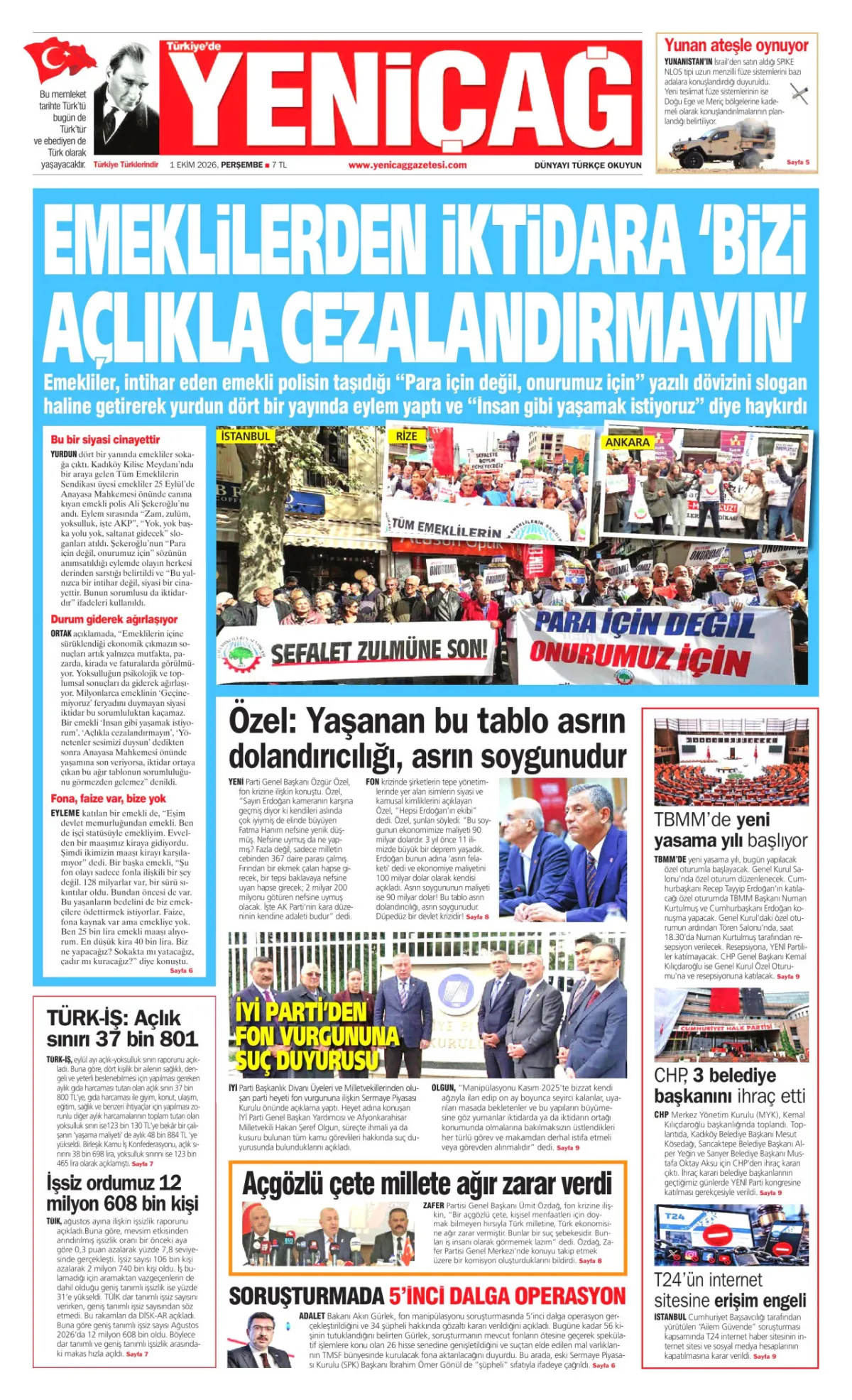Yeniçağ birinci sayfa manşeti (02 Ekim 2026)