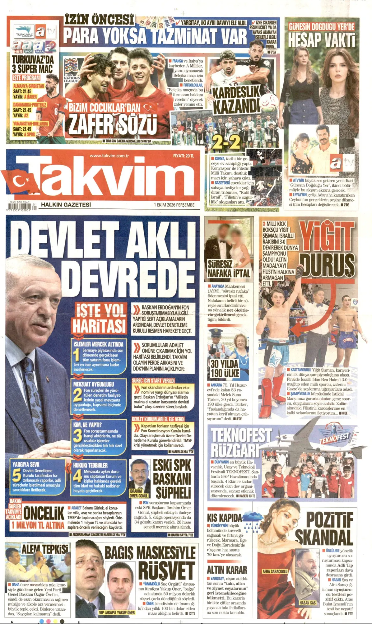Takvim birinci sayfa manşeti (02 Ekim 2026)