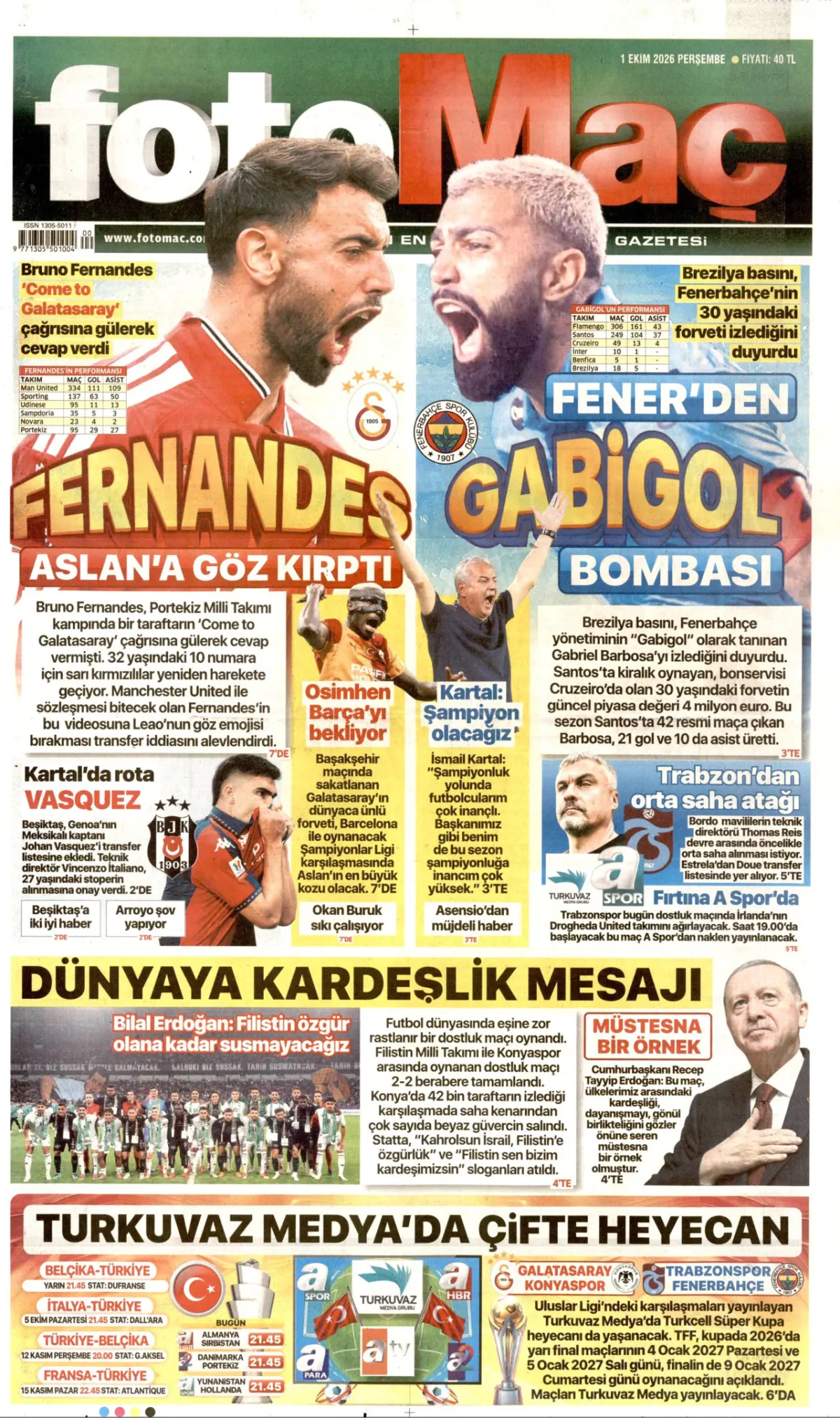 Fotomaç birinci sayfa manşeti (02 Ekim 2026)