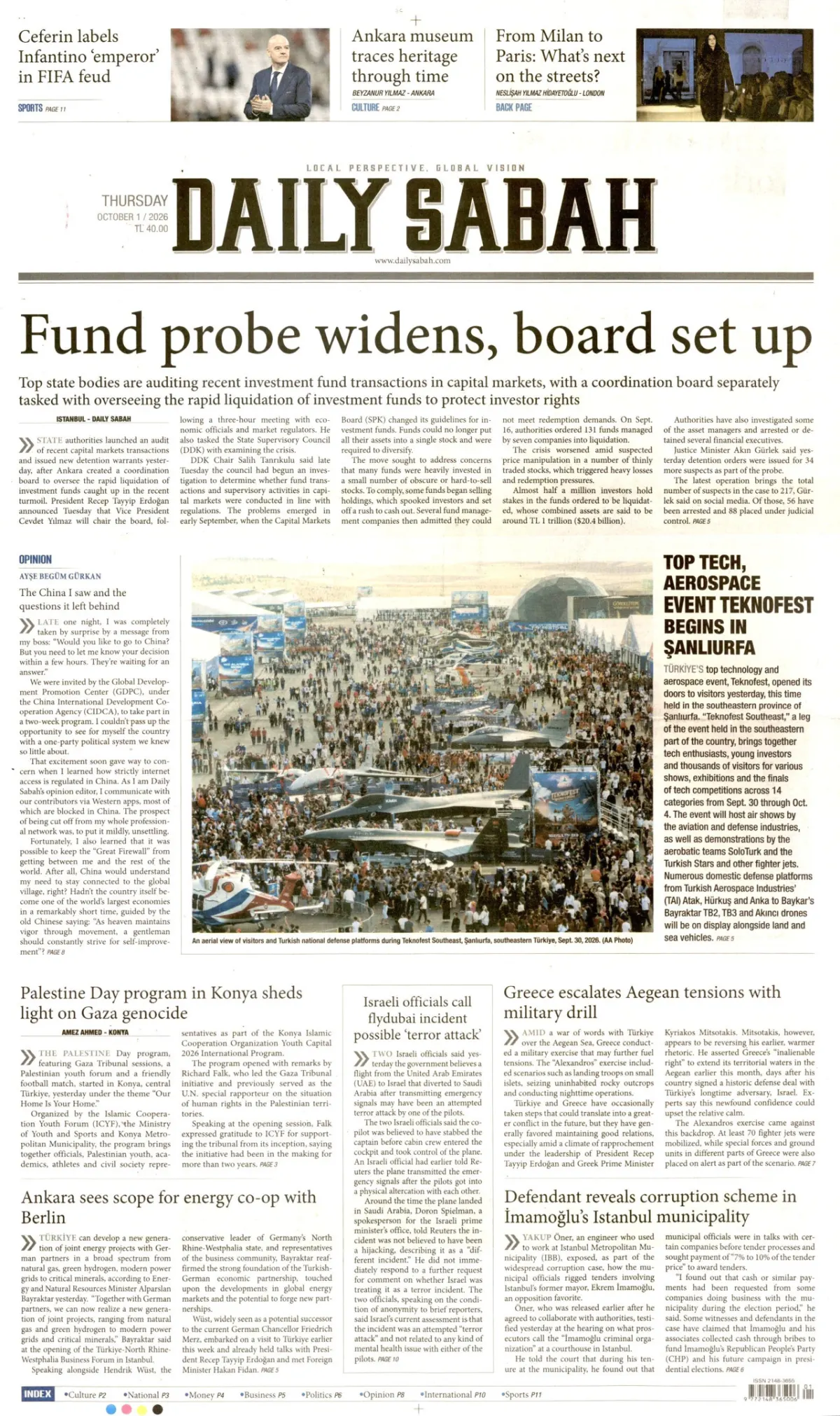 Daily Sabah birinci sayfa manşeti (02 Ekim 2026)