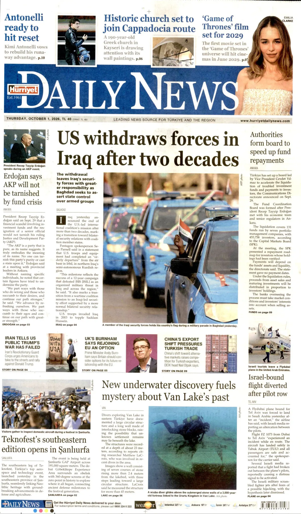 Hürriyet Daily News birinci sayfa manşeti (02 Ekim 2026)