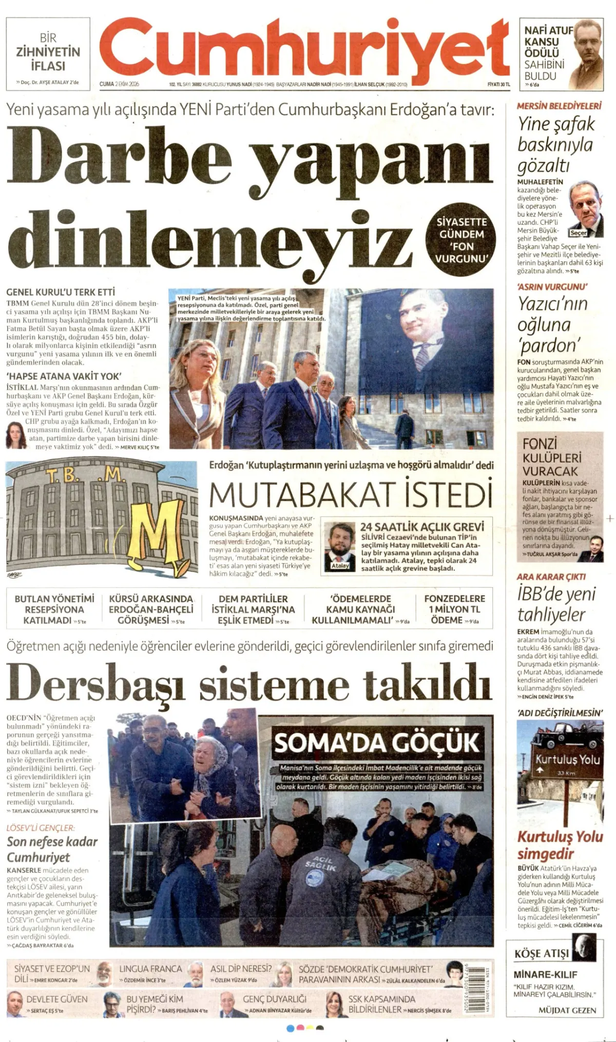 Cumhuriyet birinci sayfa manşeti (03 Ekim 2026)