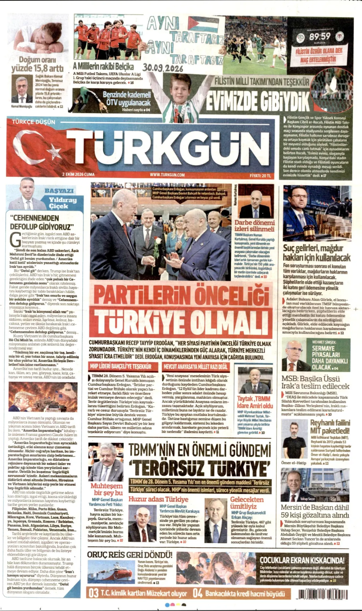 Türkgün birinci sayfa manşeti (03 Ekim 2026)