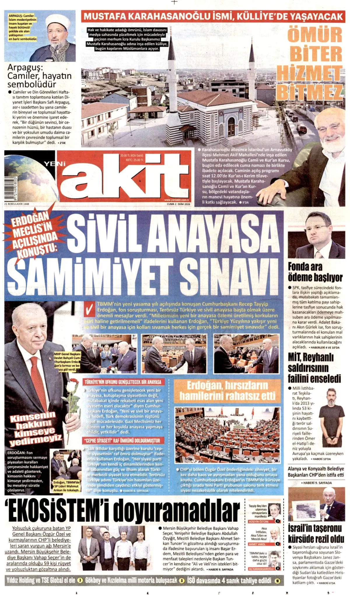 Yeni Akit birinci sayfa manşeti (03 Ekim 2026)