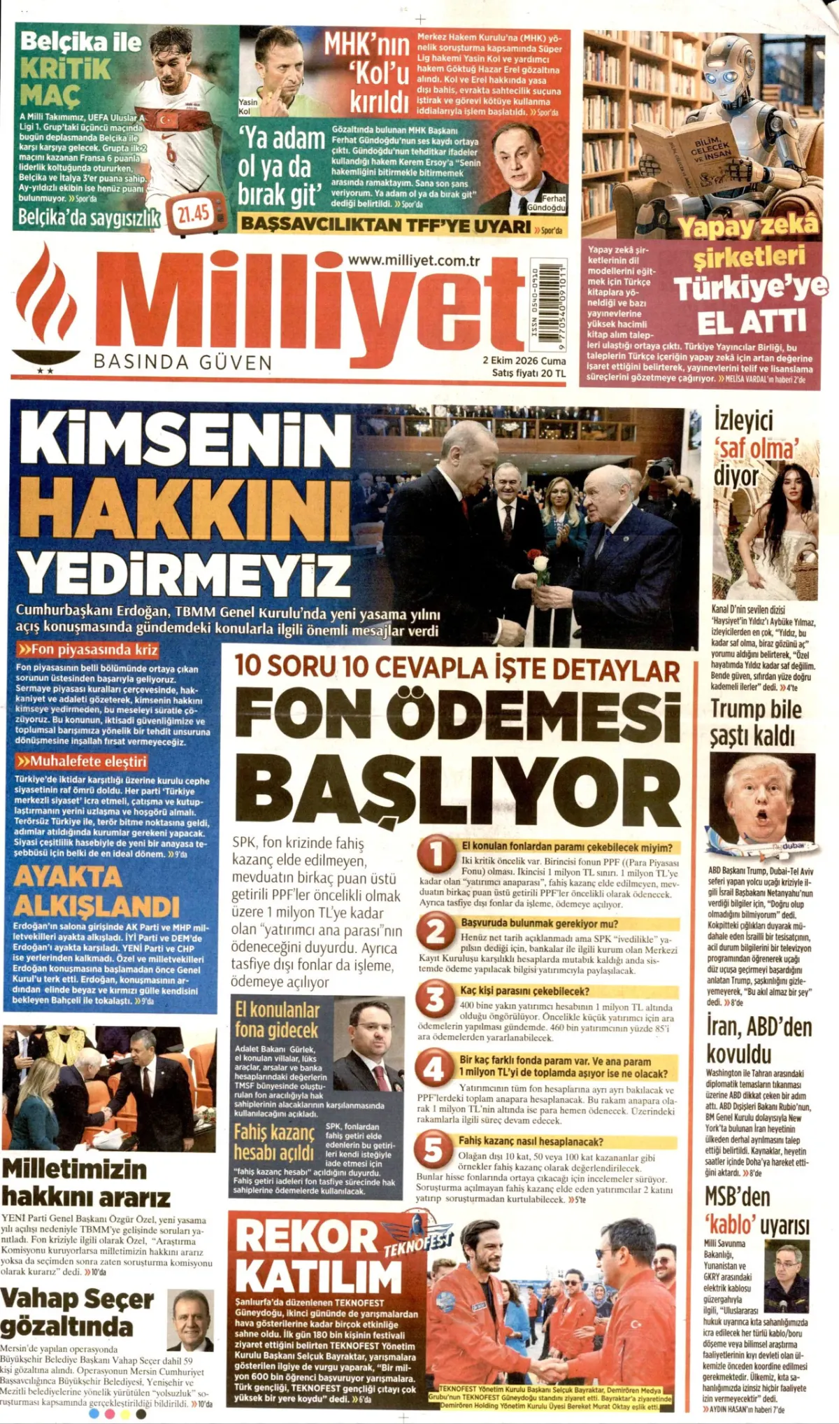 Milliyet birinci sayfa manşeti (03 Ekim 2026)