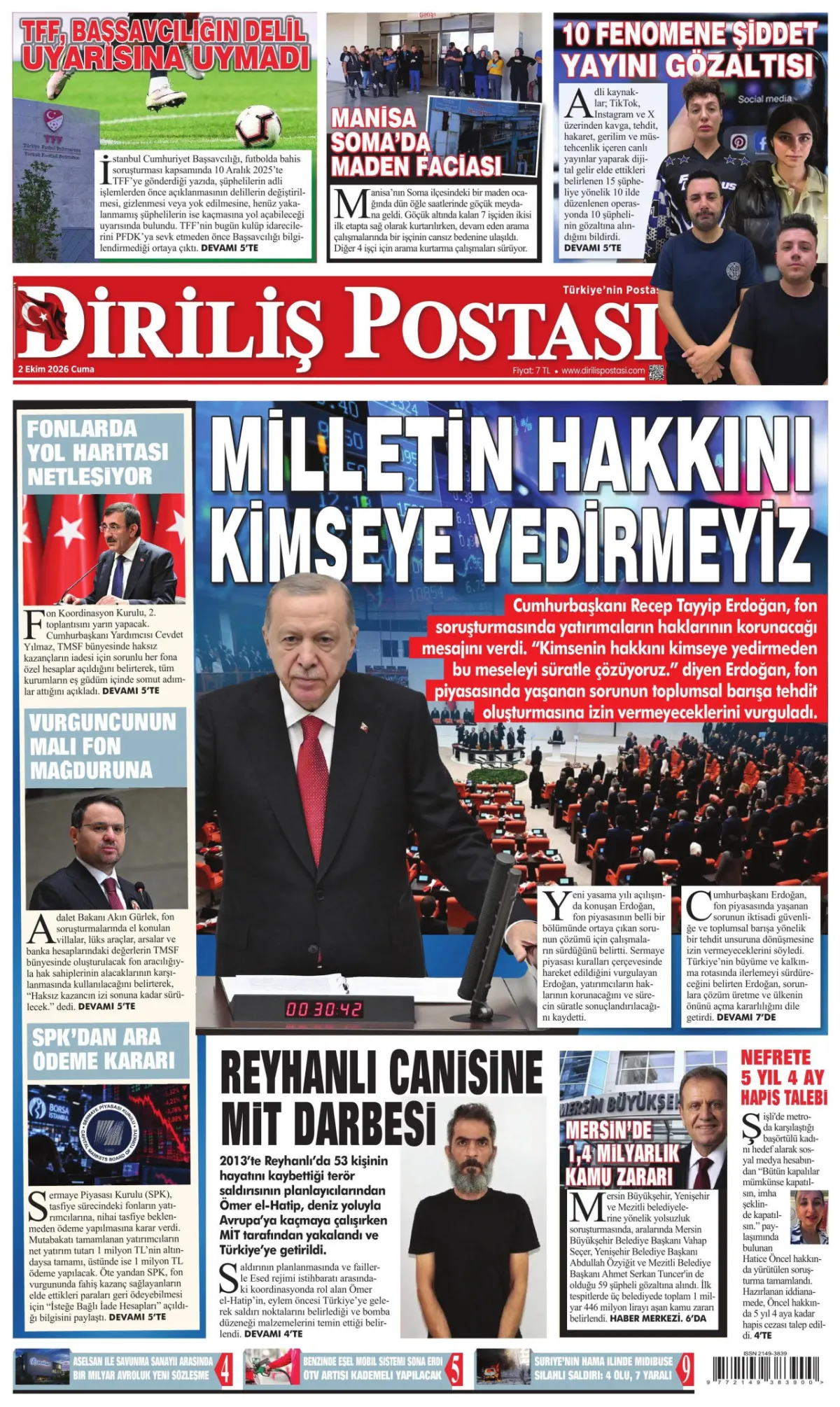Diriliş Postası birinci sayfa manşeti (03 Ekim 2026)