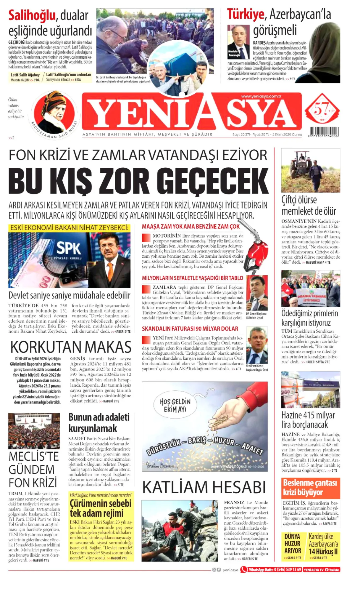 Yeni Asya birinci sayfa manşeti (03 Ekim 2026)