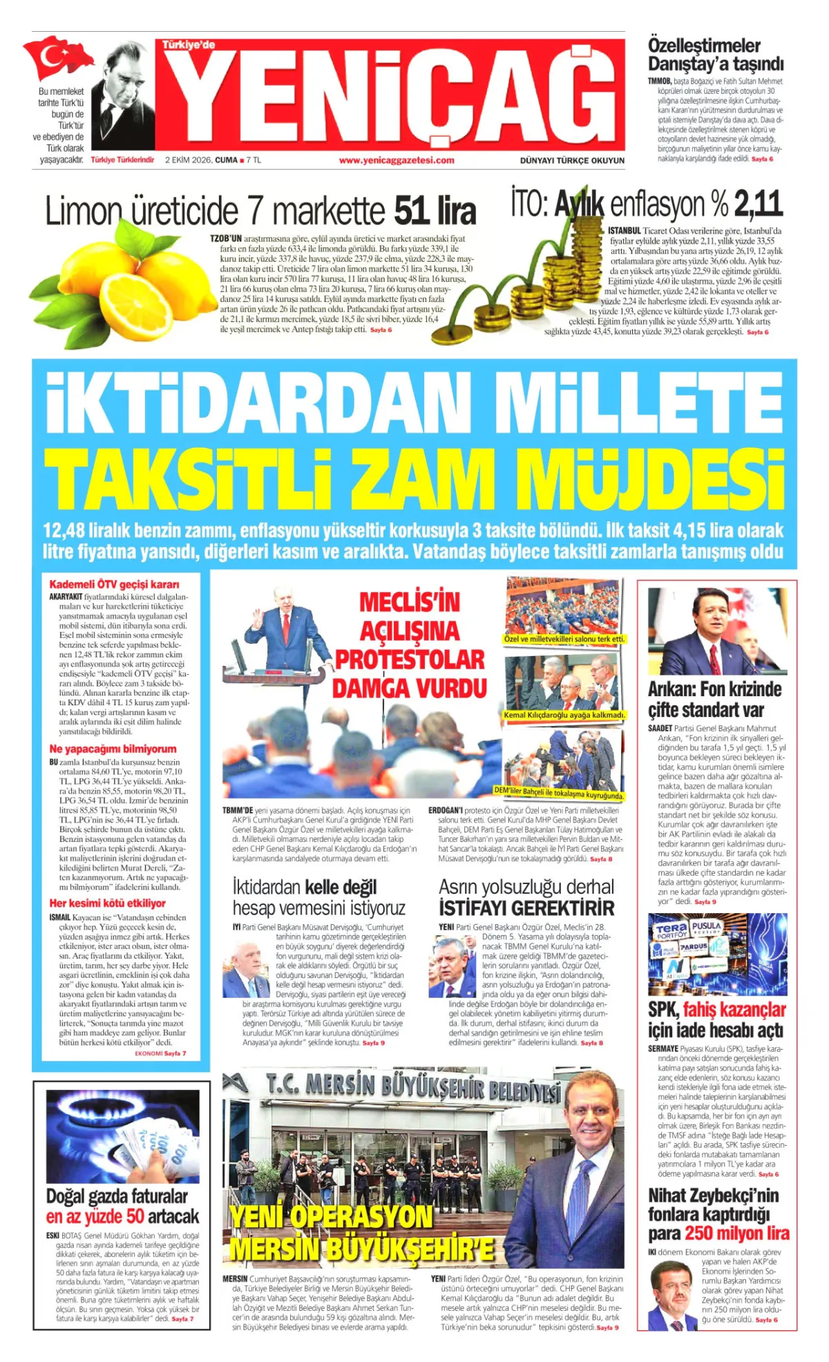 Yeniçağ birinci sayfa manşeti (03 Ekim 2026)