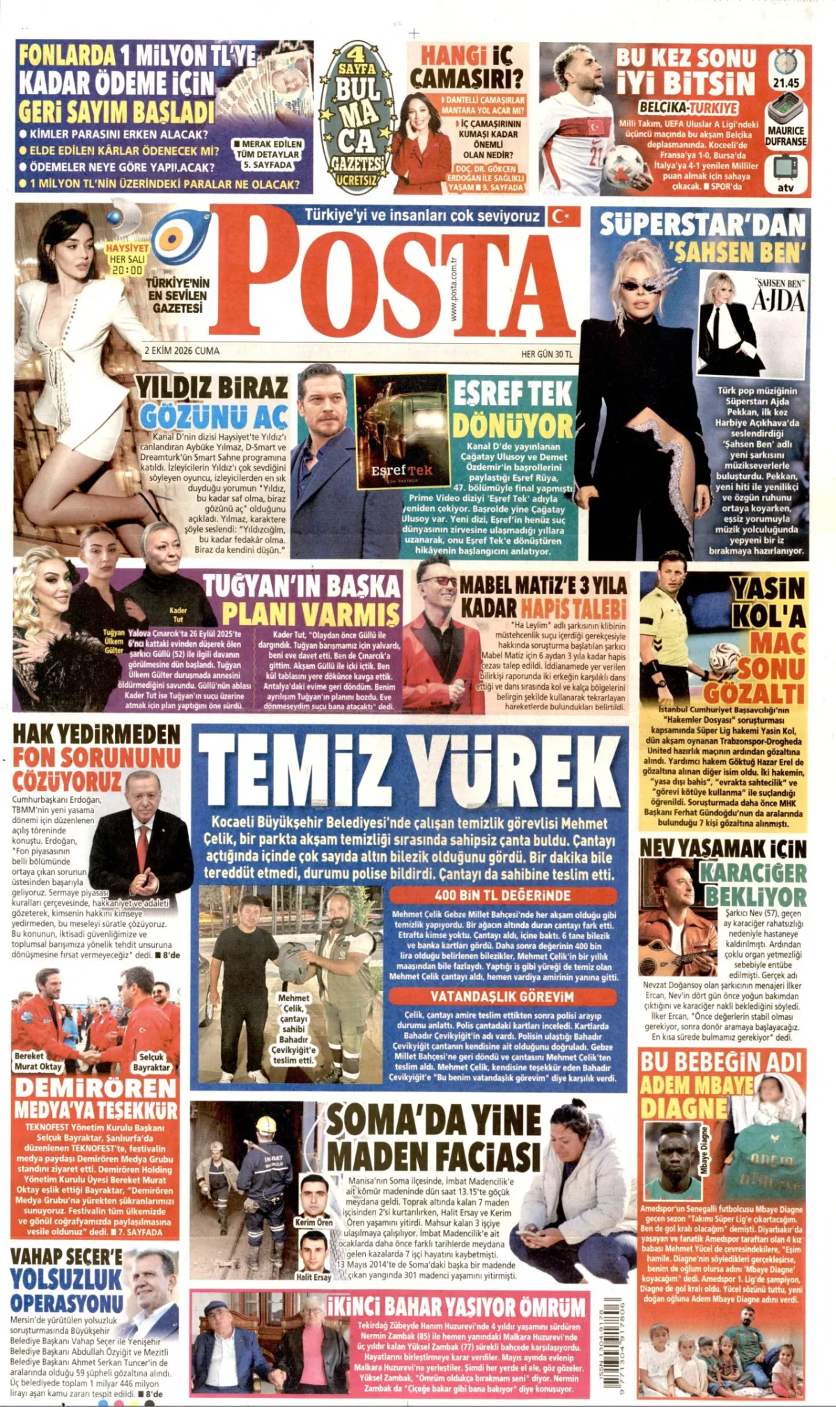 Posta birinci sayfa manşeti (03 Ekim 2026)