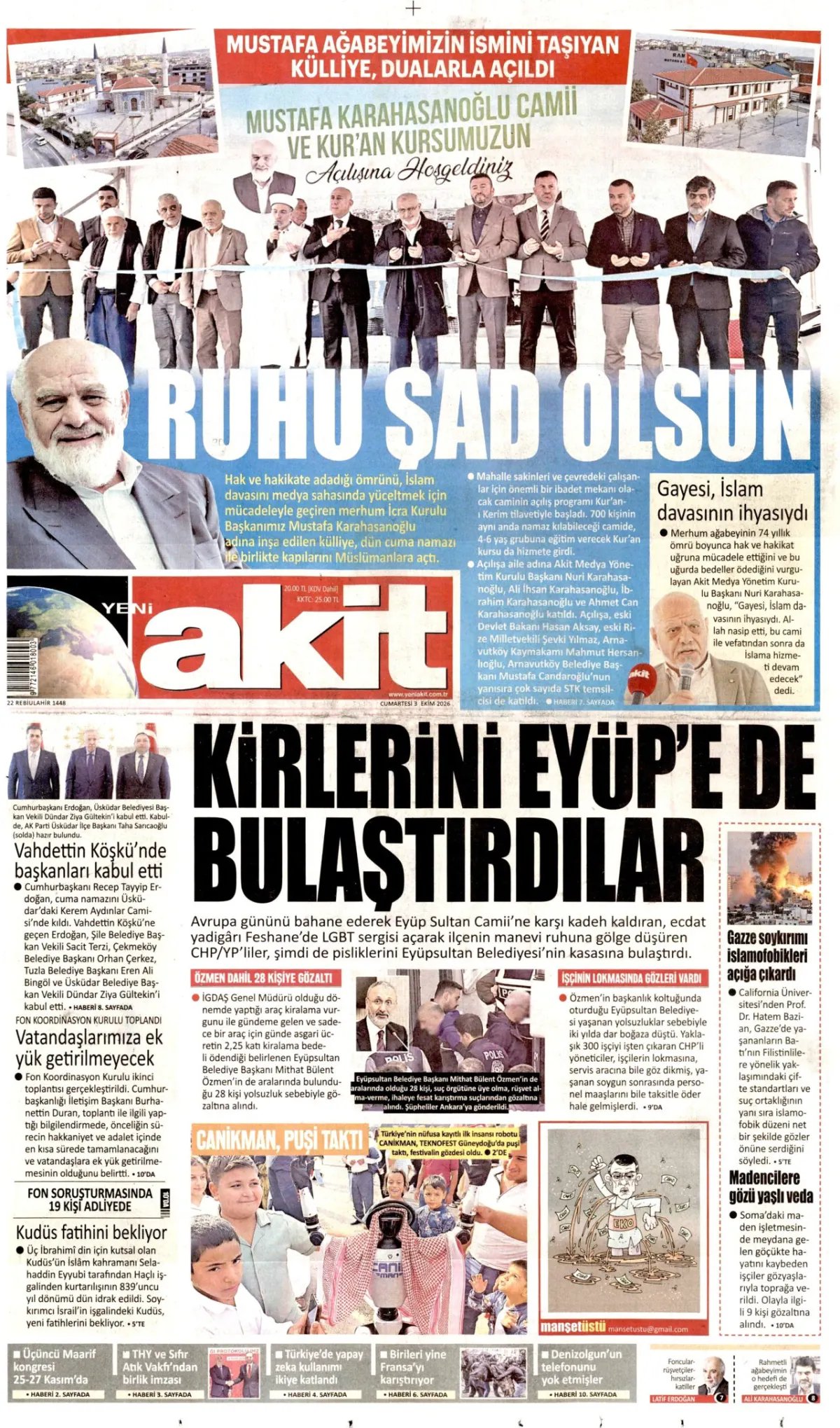 Yeni Akit birinci sayfa manşeti (04 Ekim 2026)