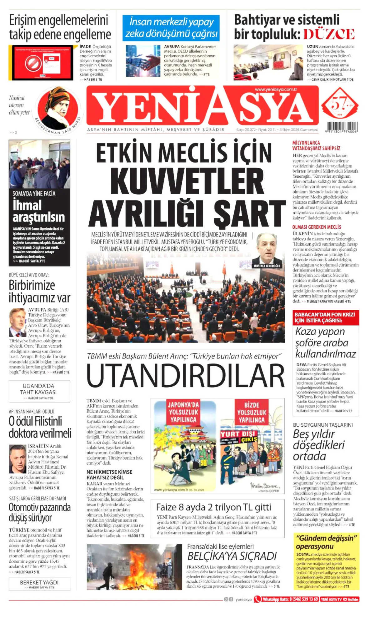 Yeni Asya birinci sayfa manşeti (04 Ekim 2026)
