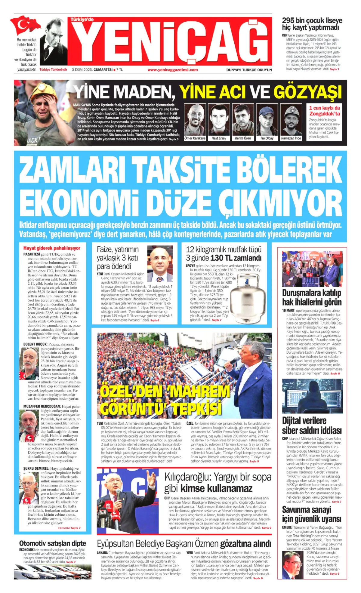 Yeniçağ birinci sayfa manşeti (04 Ekim 2026)