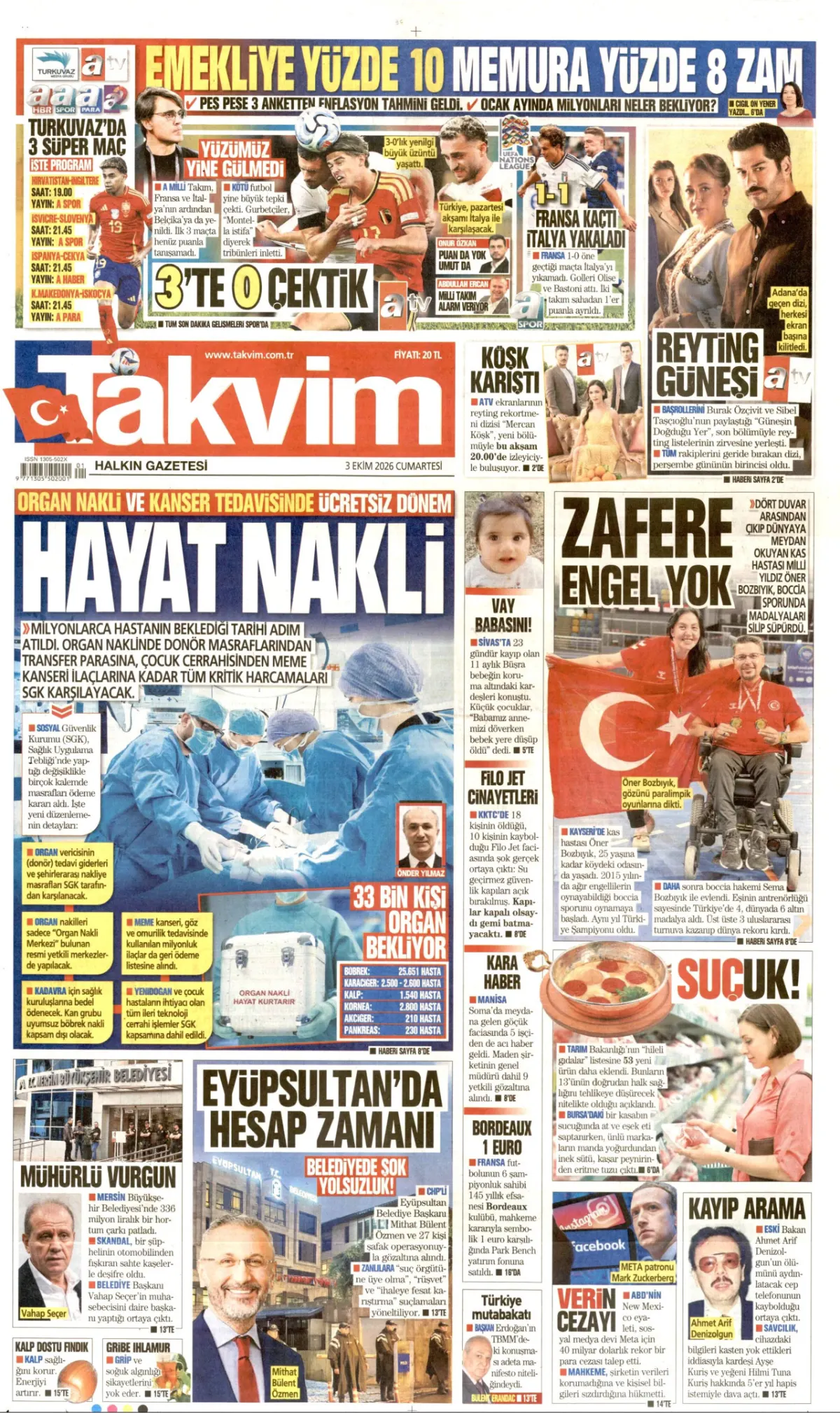 Takvim birinci sayfa manşeti (04 Ekim 2026)