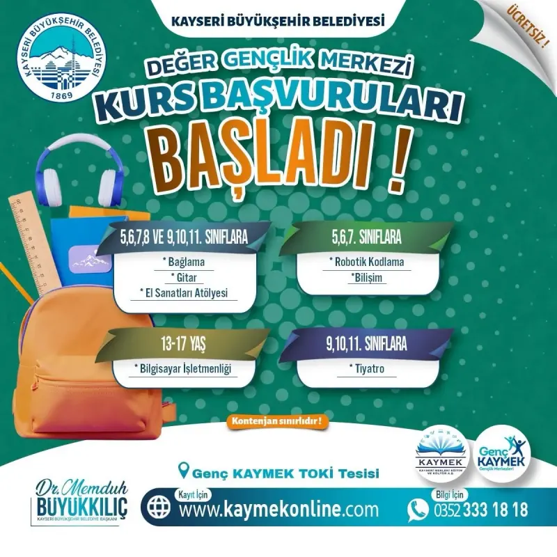 Kayseri Büyükşehir Belediyesi Değer Gençlik Merkezi Ücretsiz Kurs Başvurularını Başlattı