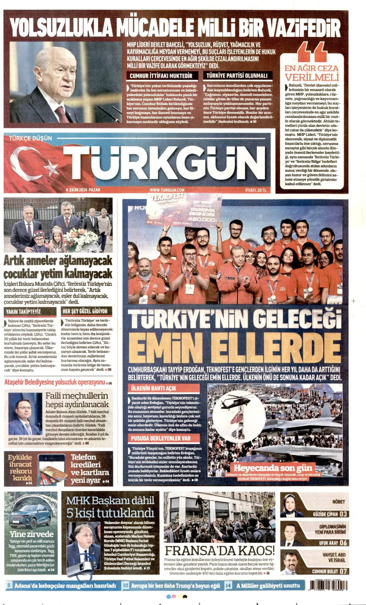 Türkgün birinci sayfa manşeti (05 Ekim 2026)