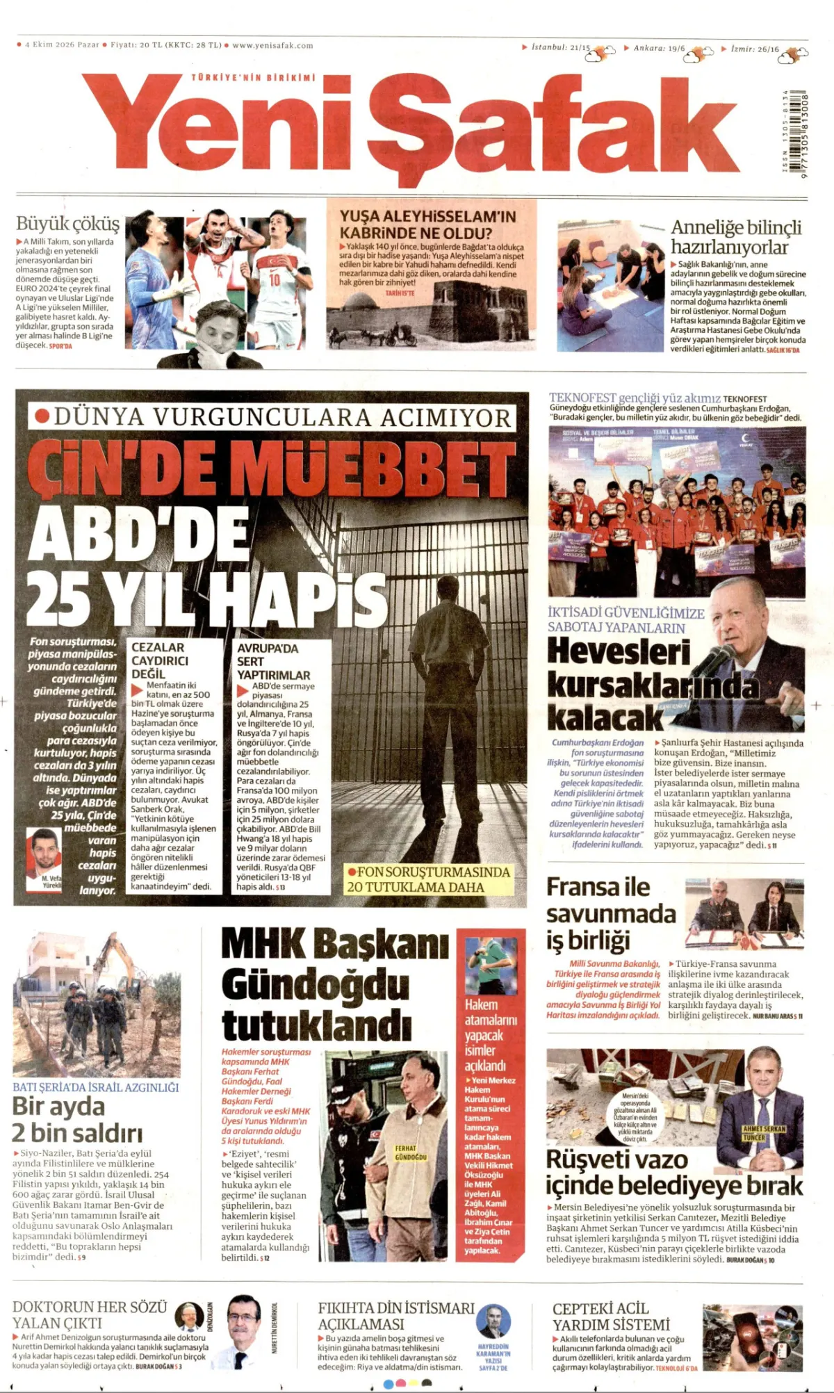 Yeni Şafak birinci sayfa manşeti (05 Ekim 2026)