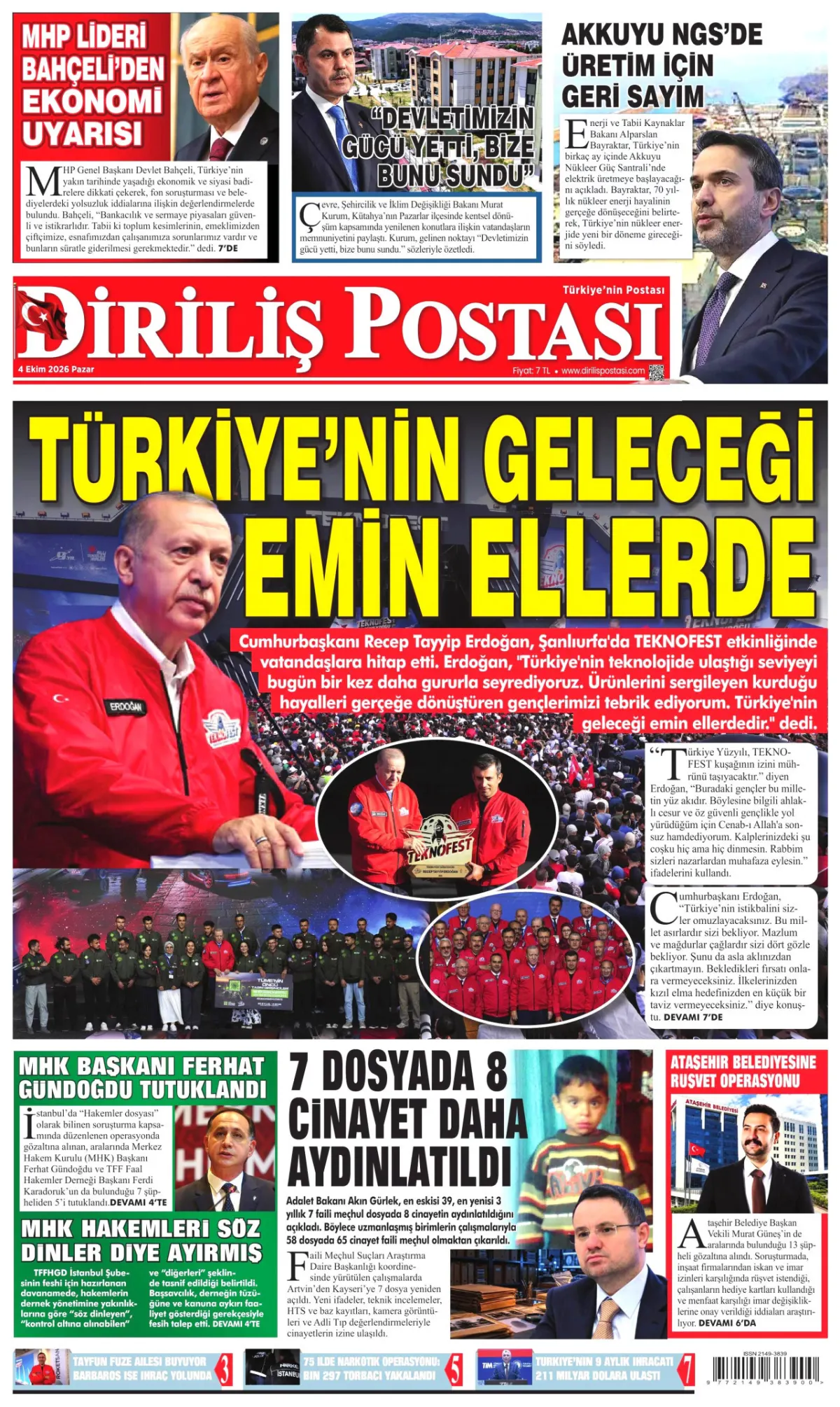 Diriliş Postası birinci sayfa manşeti (05 Ekim 2026)